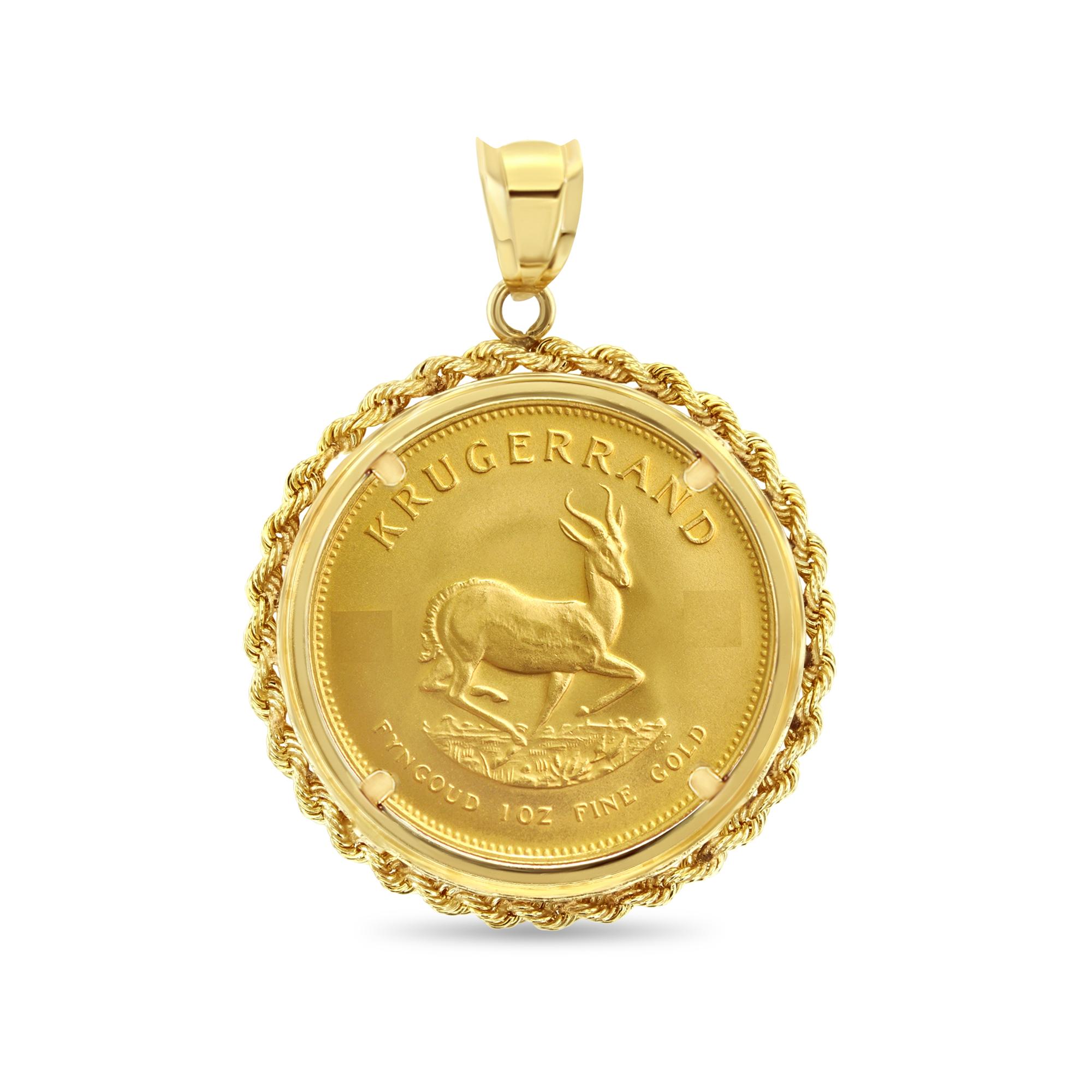 Women's or Men's 1OZ Fine Gold South African Krugerrand Coin Necklace with Rope Bezel For Sale