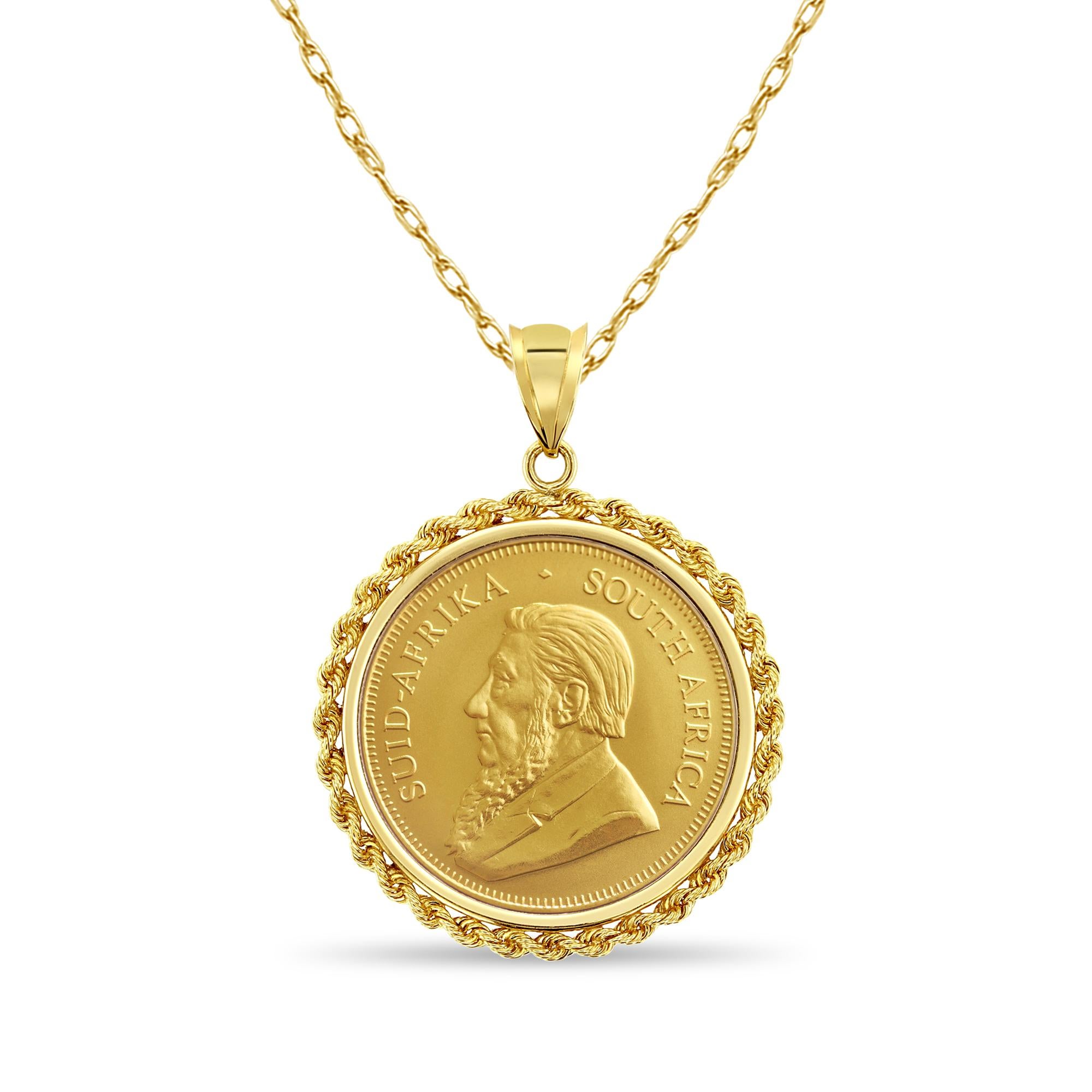 1OZ Fine Gold South African Krugerrand Coin Necklace with Rope Bezel For Sale