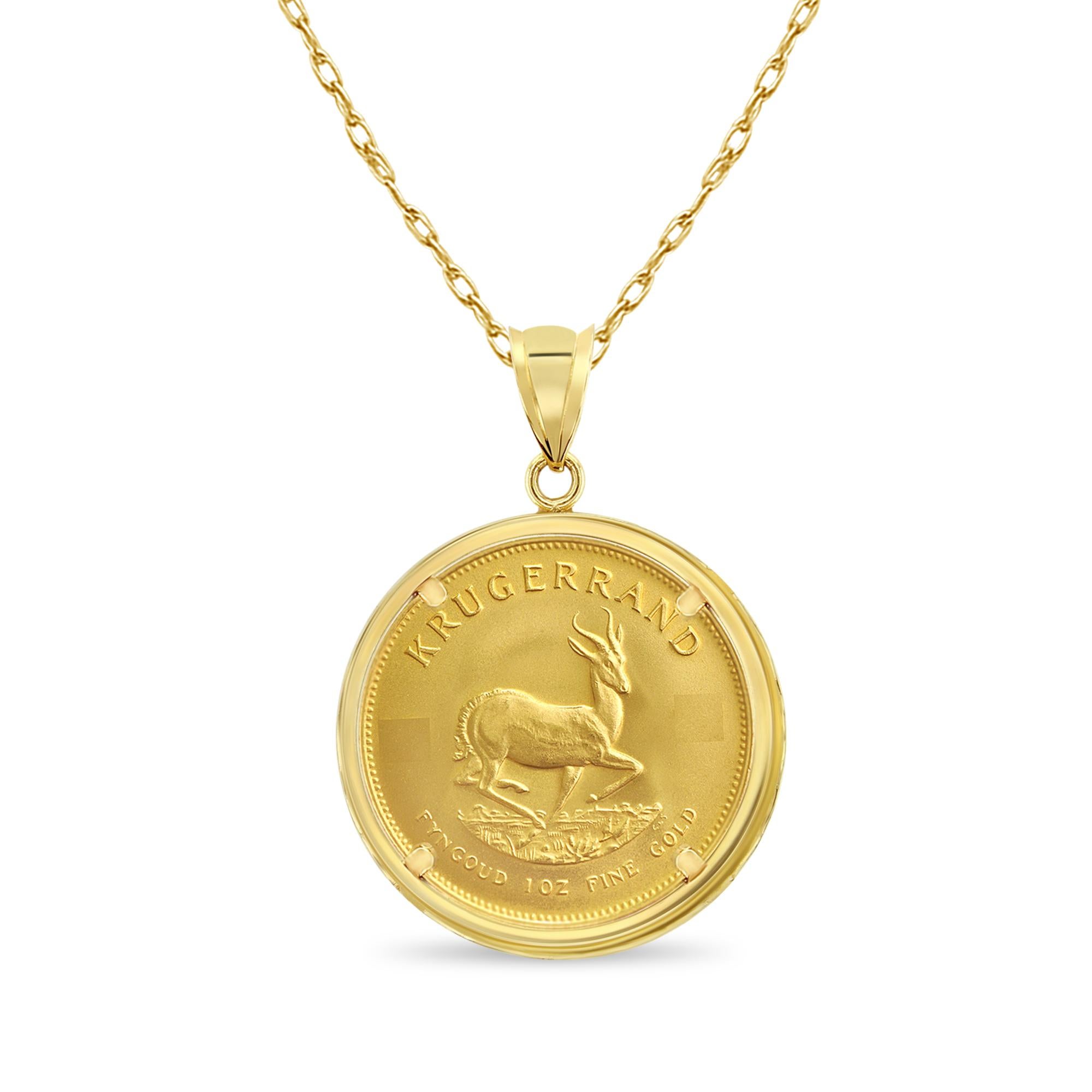 ✱ MADE TO ORDER ✱

♥ Coin Information ♥

Details: South African Krugerrand Gold Coin
Composition: .9167 Gold Ounce
Precious Metal Content: 1OZ
Year: Varies
Diameter: 33mm
Obverse: Paul Kruger
Reverse: Antelope

♥ Bezel Information ♥

Style: Polished