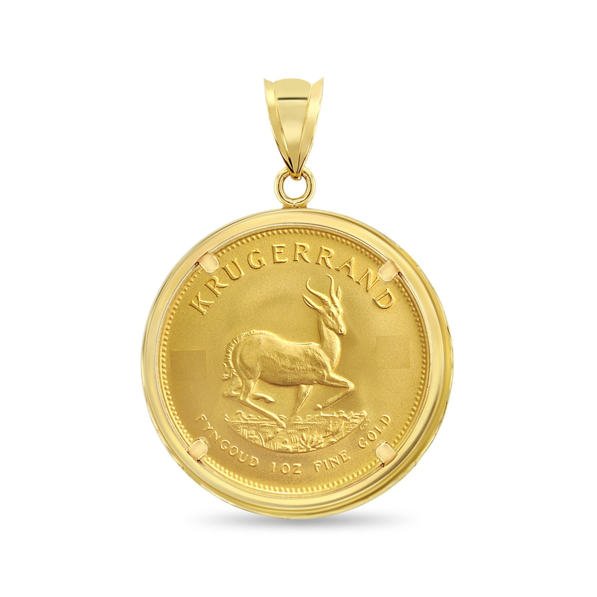 1OZ South African Krugerrand Coin Necklace with Polished Bezel 14k Yellow Gold In New Condition For Sale In Sugar Land, TX