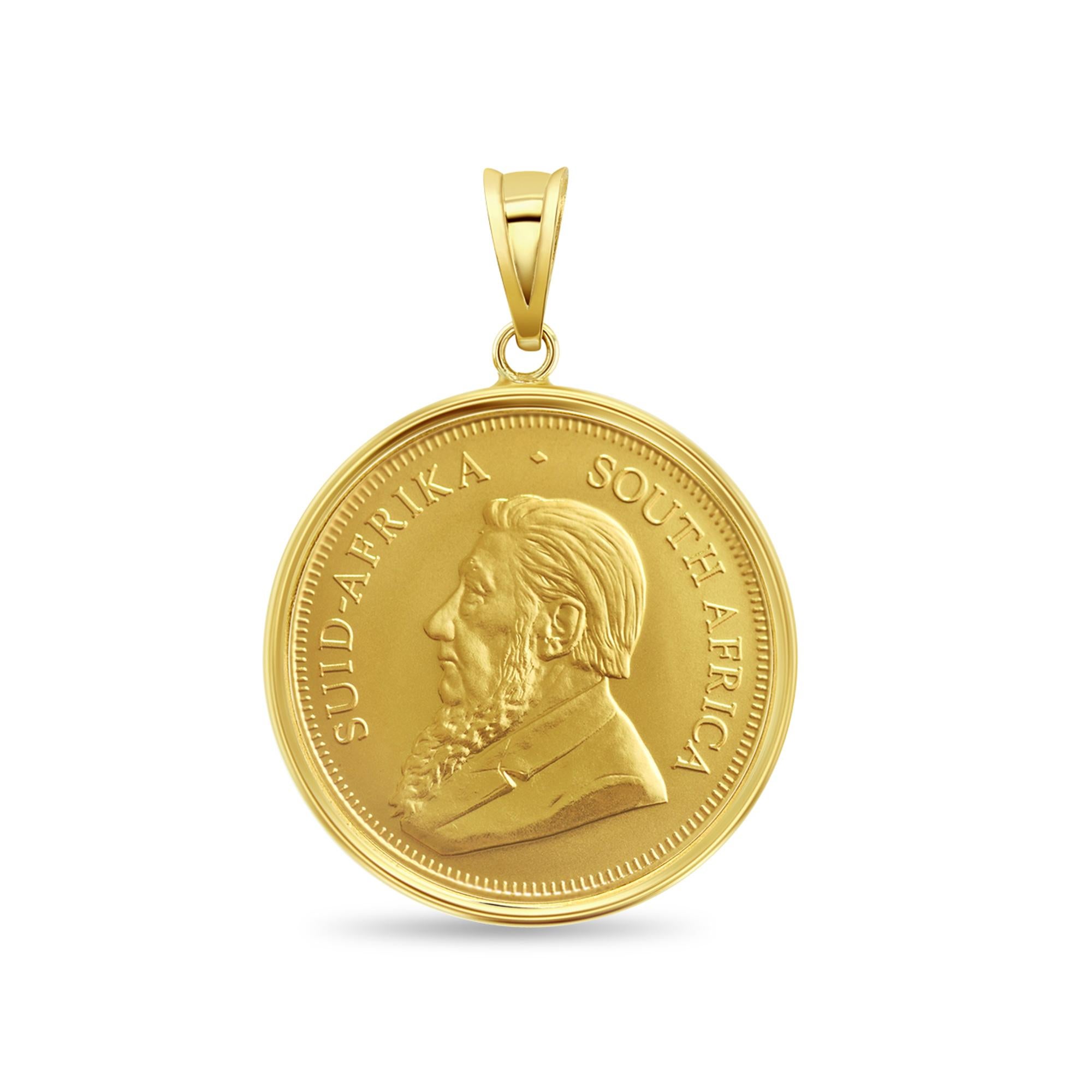 Women's or Men's 1OZ South African Krugerrand Coin Necklace with Polished Bezel 14k Yellow Gold For Sale
