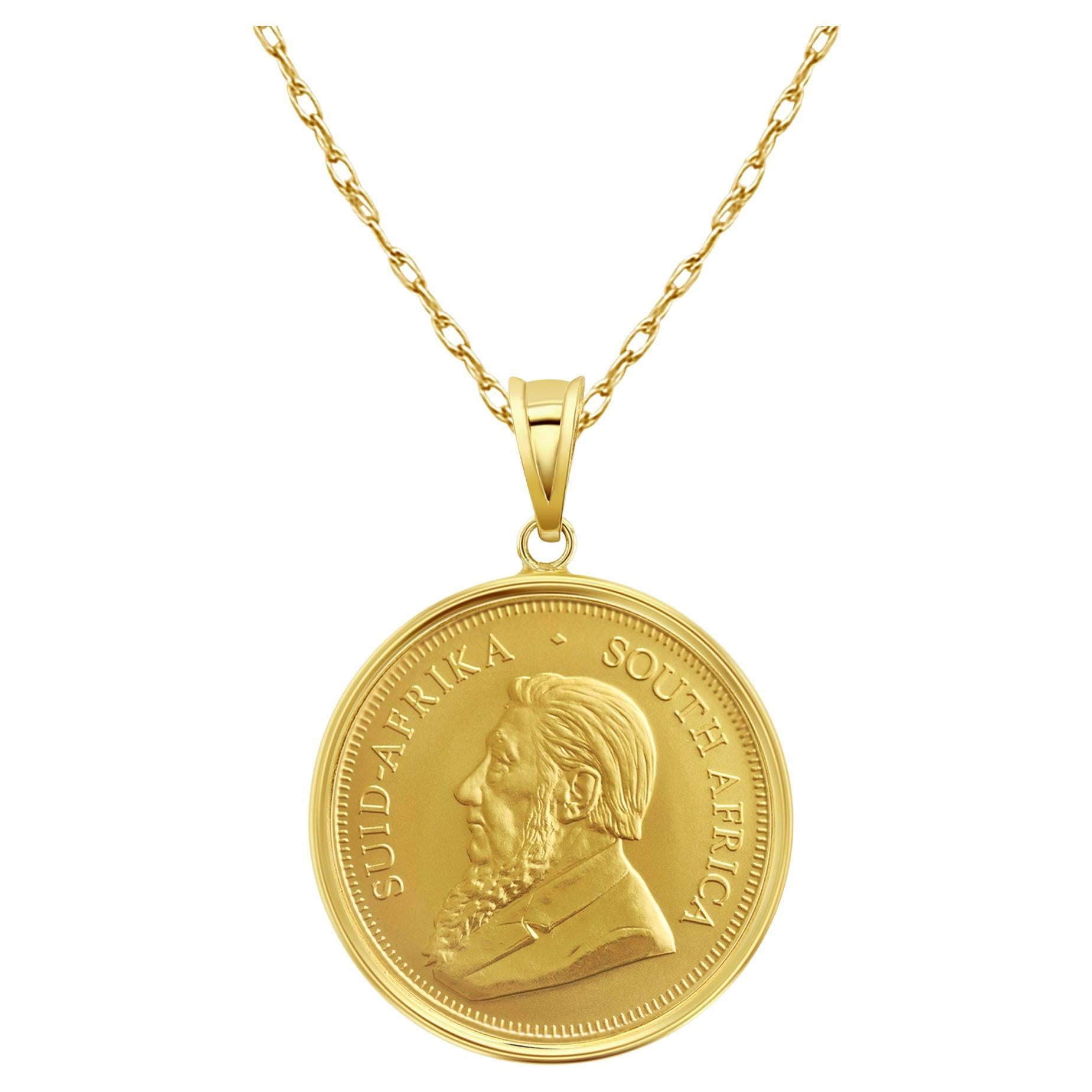1OZ South African Krugerrand Coin Necklace with Polished Bezel 14k Yellow Gold For Sale