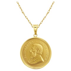 1OZ South African Krugerrand Coin Necklace with Polished Bezel 14k Yellow Gold