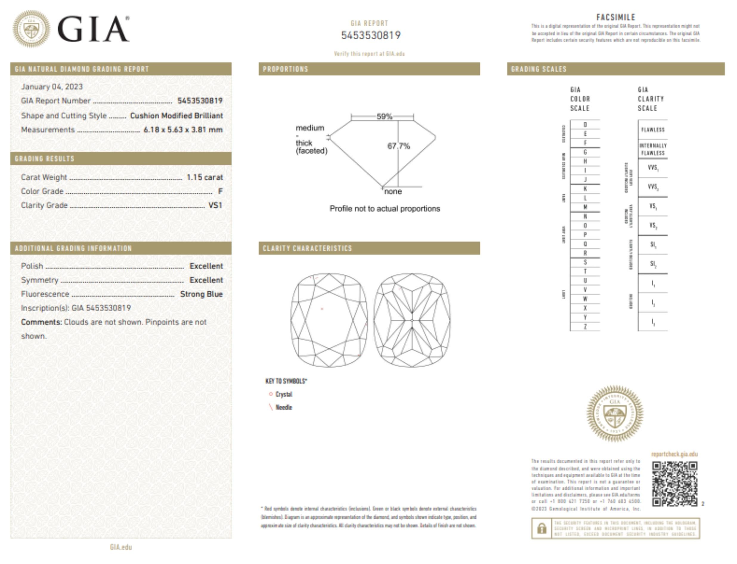 Natural cut Cushion diamond in a 1.15 carat F VS1 cut. This diamond comes with GIA Certificate and laser inscription number.

Discover the timeless beauty of a naturally cut 1.15 carat Cushion diamond, with a pristine F color and sparkling VS1