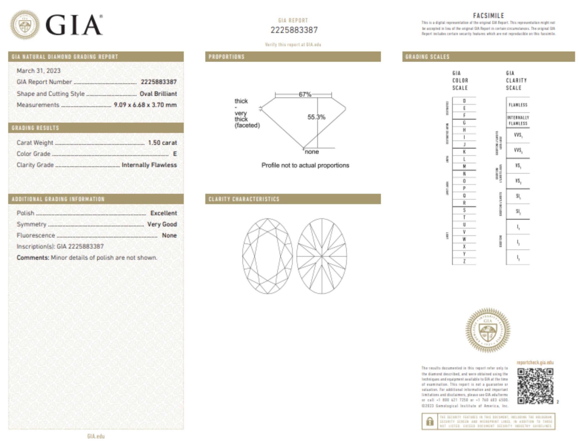 Diamante ovalado de talla natural en talla E IF de 1,50 quilates. Este diamante viene con certificado GIA y número de inscripción láser.

Descubre la impresionante elegancia de un diamante de talla ovalada E IF de 1,50 quilates, artísticamente