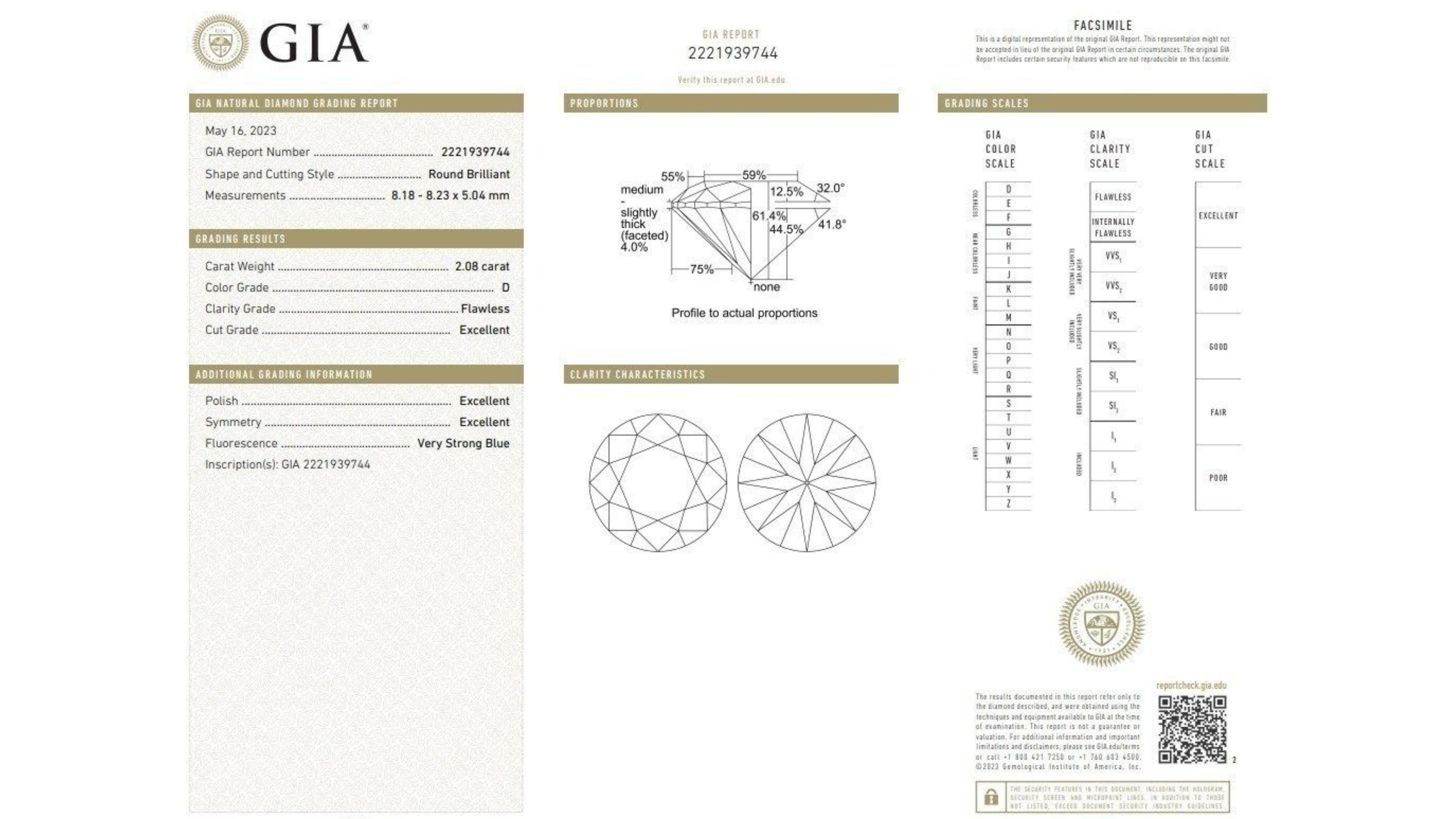 Questo splendido diamante farà sicuramente girare la testa. Presenta uno scintillante diamante rotondo taglio brillante da 2,08 carati con colore D, purezza FL e grado di taglio 3EX. Il diamante viene fornito con un certificato GIA e un numero di