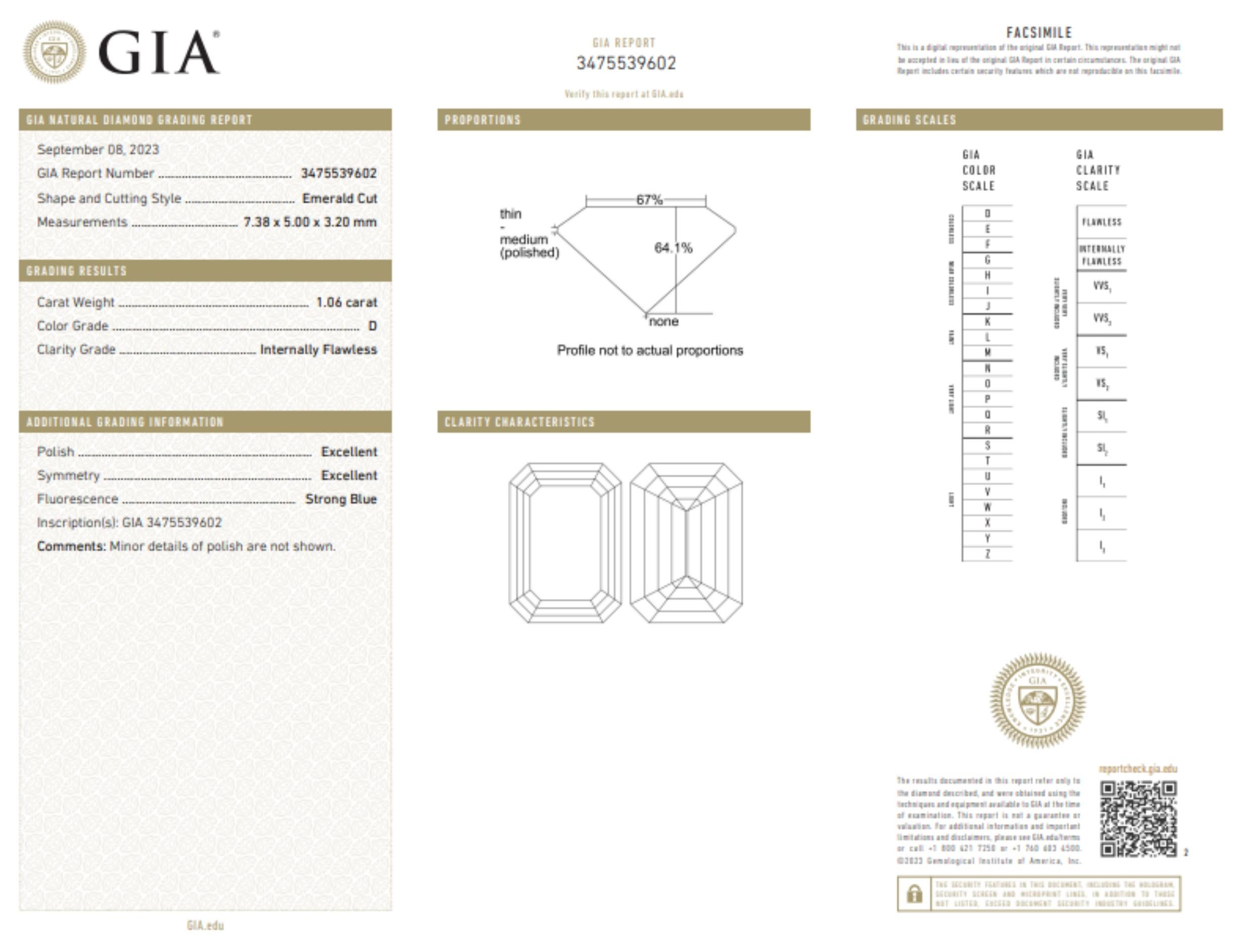 Diamante esmeralda de talla natural en talla D IF de 1.06 quilate. Este diamante viene con certificado GIA y número de inscripción láser.

Descubre la elegancia atemporal de un diamante natural talla esmeralda de 1,06 quilates, color D e