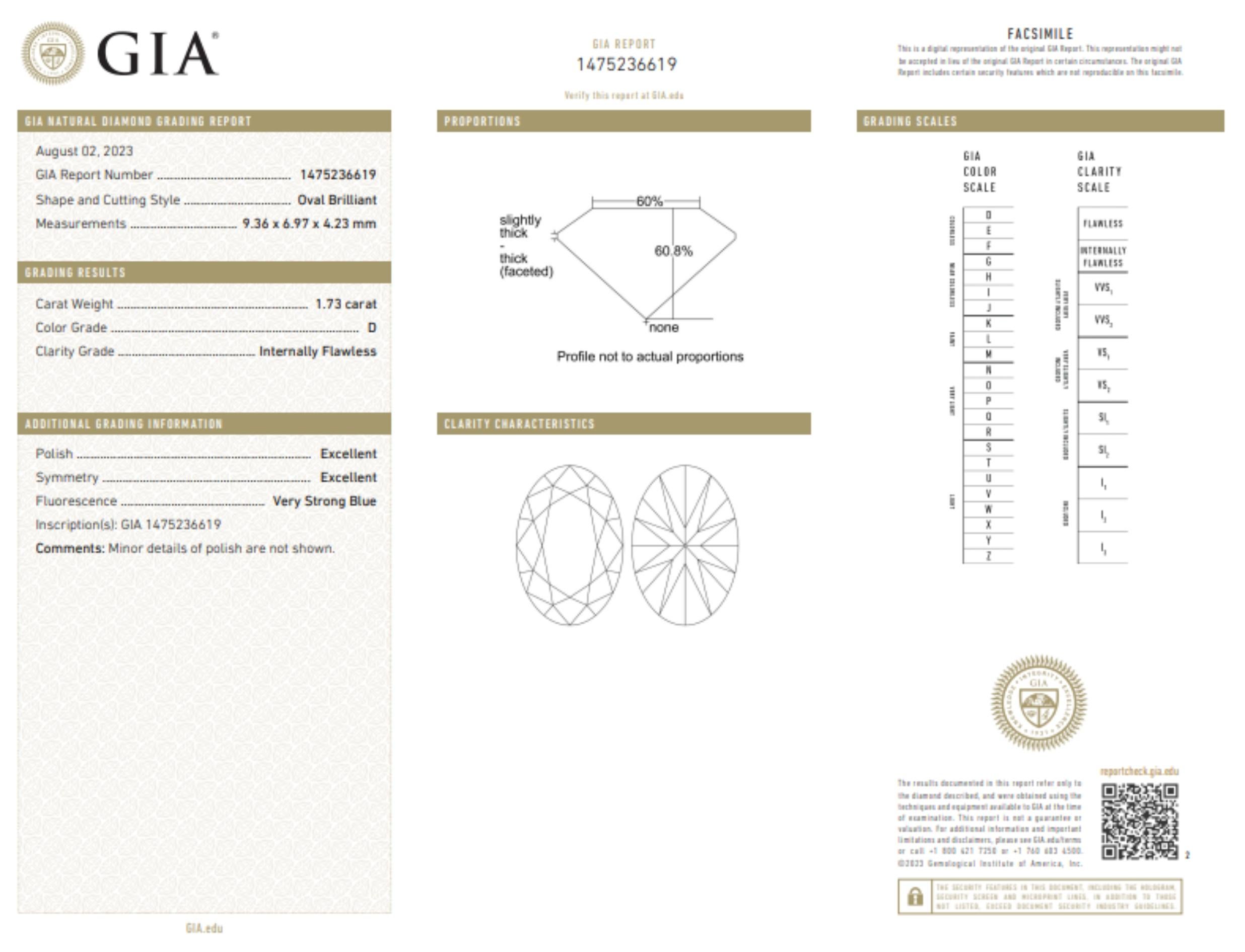 Natural cut Oval diamond in a 1.73 carat D IF cut. This diamond comes with GIA Certificate and laser inscription number.

Experience the timeless elegance of a 1.73 carat D IF oval-cut diamond, showcasing its innate beauty in a natural, unaltered