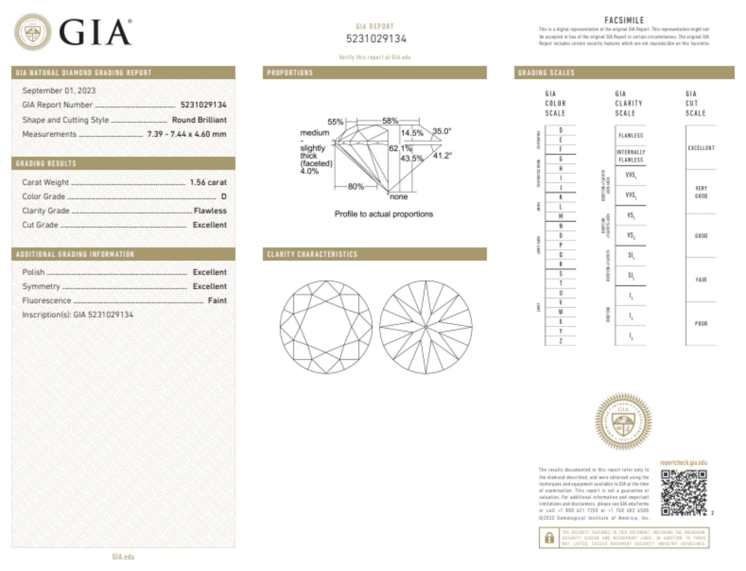 Diamante rotondo a taglio naturale di 1,56 carati con taglio D Flawless. Questo diamante è dotato di certificato GIA e numero di iscrizione al laser.

Prova l'eleganza senza tempo di un diamante rotondo senza difetti da 1,56 carati, squisitamente