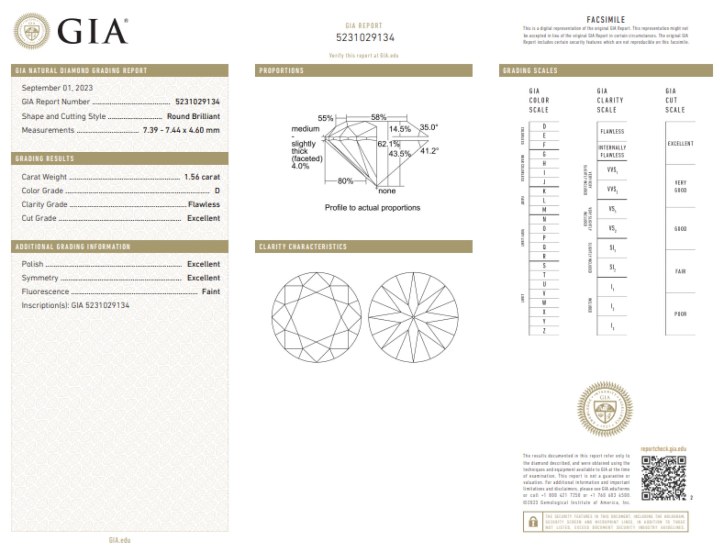 Natural cut Round diamond in a 1.56 carat D Flawless cut. This diamond comes with GIA Certificate and laser inscription number.

Experience the timeless elegance of a 1.56-carat D Flawless round diamond, exquisitely crafted to reveal its innate