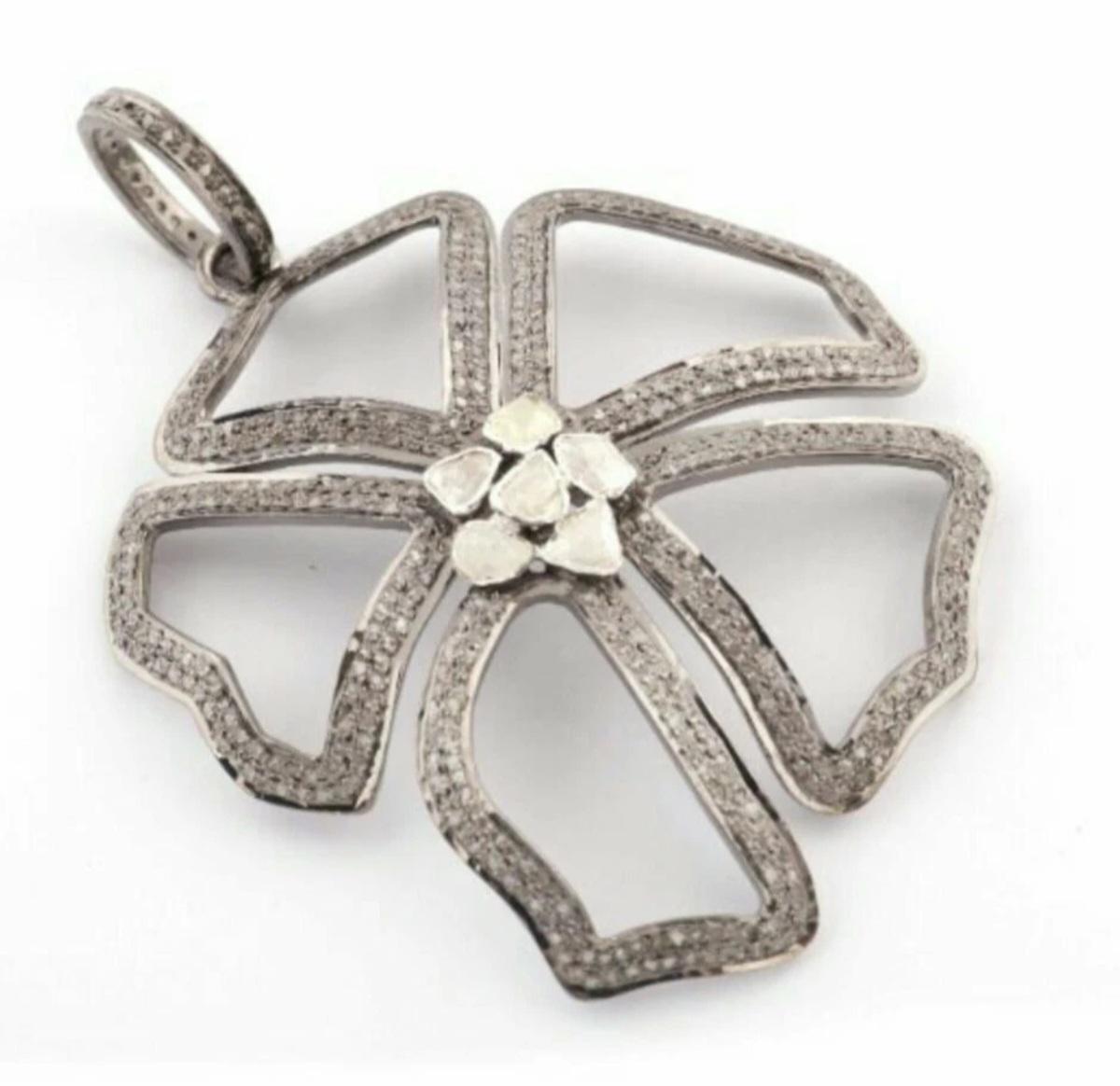 Taglio rotondo 1Pc Rosecut Flower Pendant 925 Silver Diamond Rosecut Flower Polki Beads Pendant in vendita