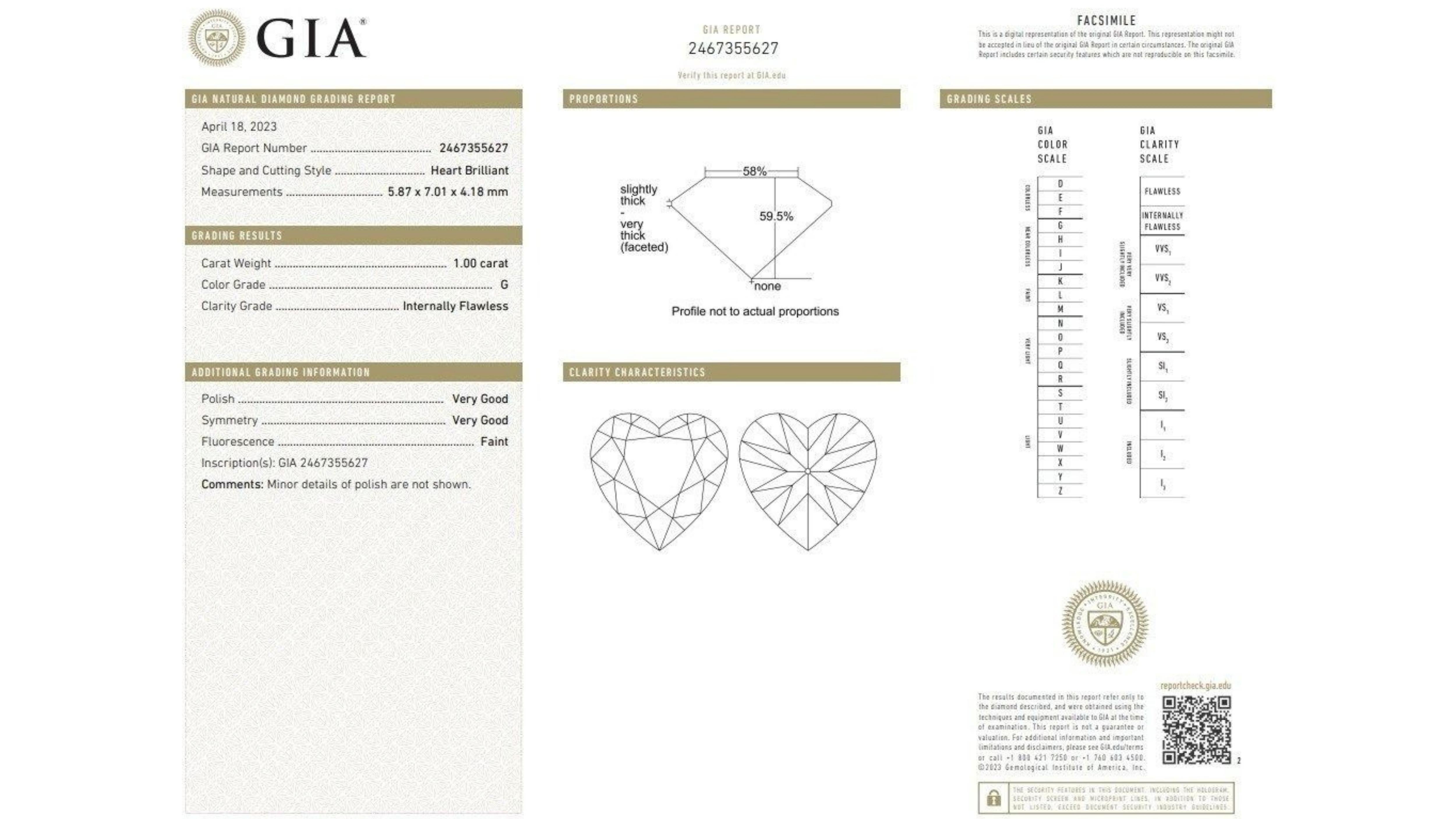 Sparkling heart brilliant cut natural diamond in a 1 carat G IF VG polish and symmetry. This diamond comes with a GIA Certificate and laser inscription number.

Cut: Heart Brilliant
Carat weight: 1ct
Color Grade: G
Clarity Grade: Internally