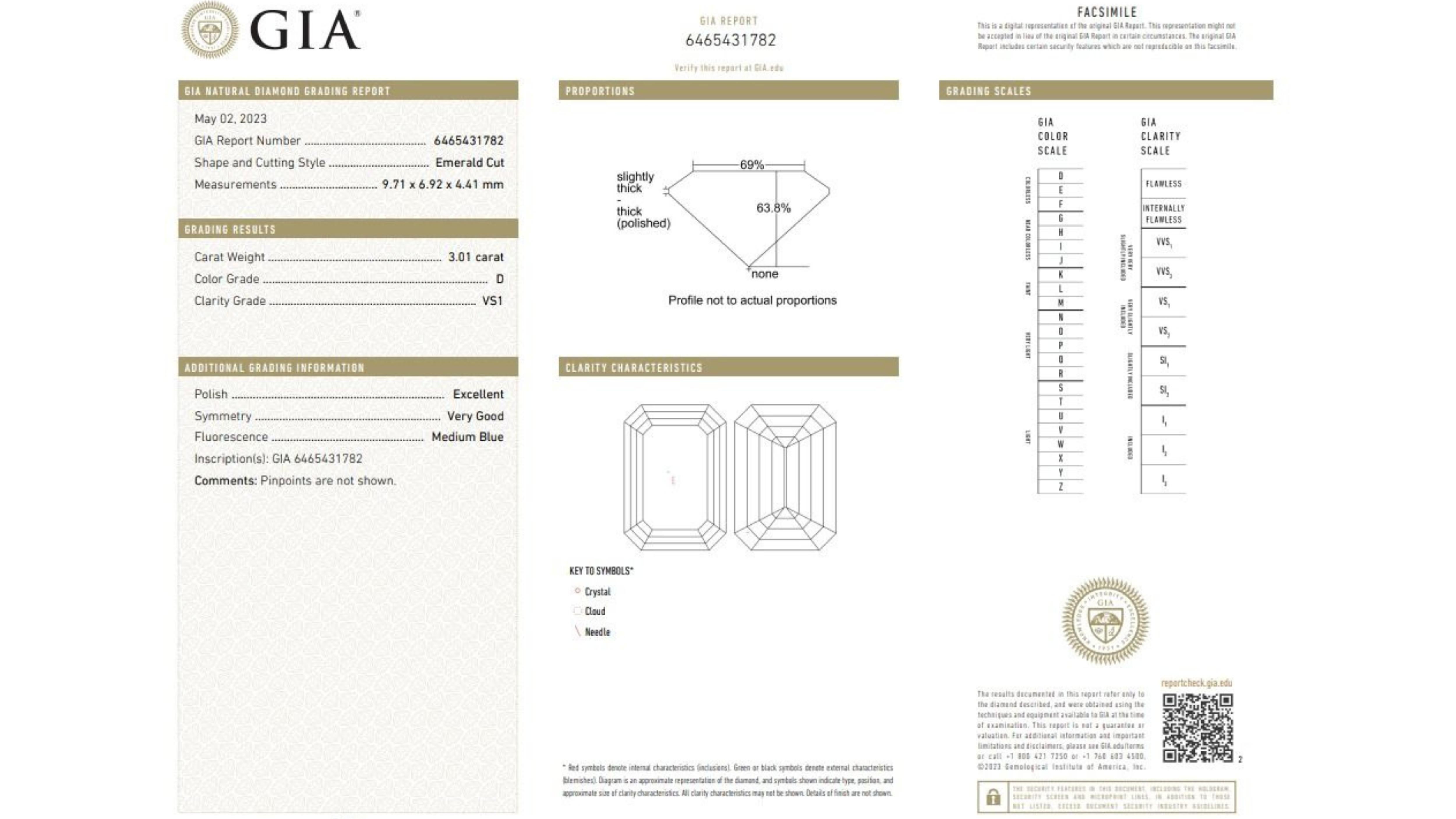 This stunning emerald-cut diamond is a rare and beautiful gem. It is 3.01 carats, D color (colorless), VS2 clarity (very slightly included), and has excellent polish and very good symmetry. The diamond comes with a GIA certificate and laser