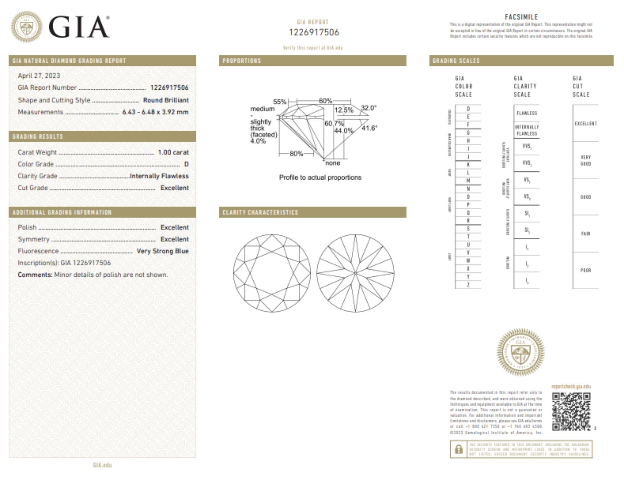Natural cut Round diamond in a 1 carat D IF ideal cut by gia lab 3ex This diamond comes with GIA Certificate and laser inscription number.

Discover the epitome of elegance with our exquisite 1-carat, D-color, internally flawless (IF) round-cut