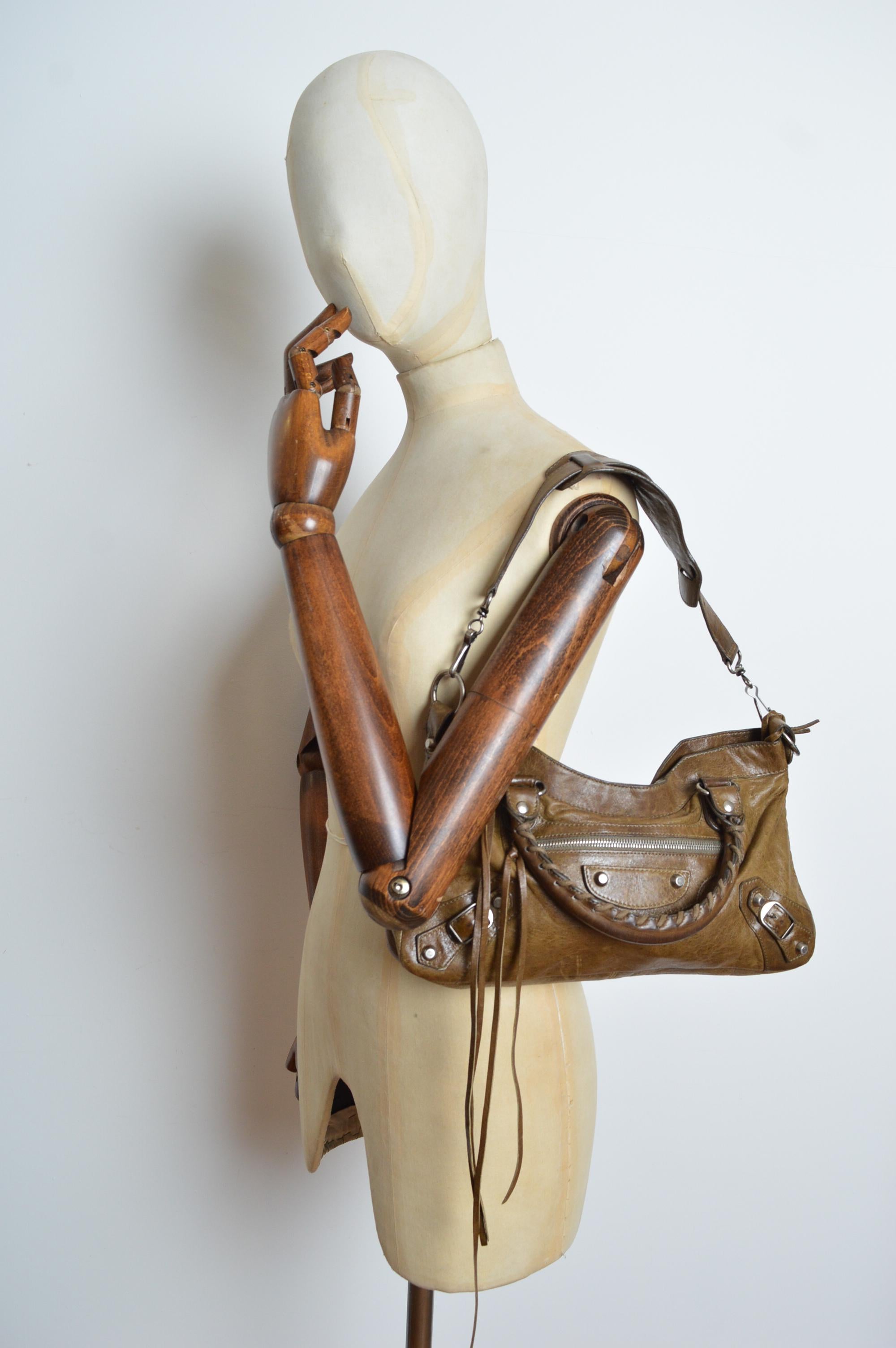 Women's or Men's 1st Edition Motorcycle BALENCIAGA Mud Brown / Khaki Leather City Shoulder Bag