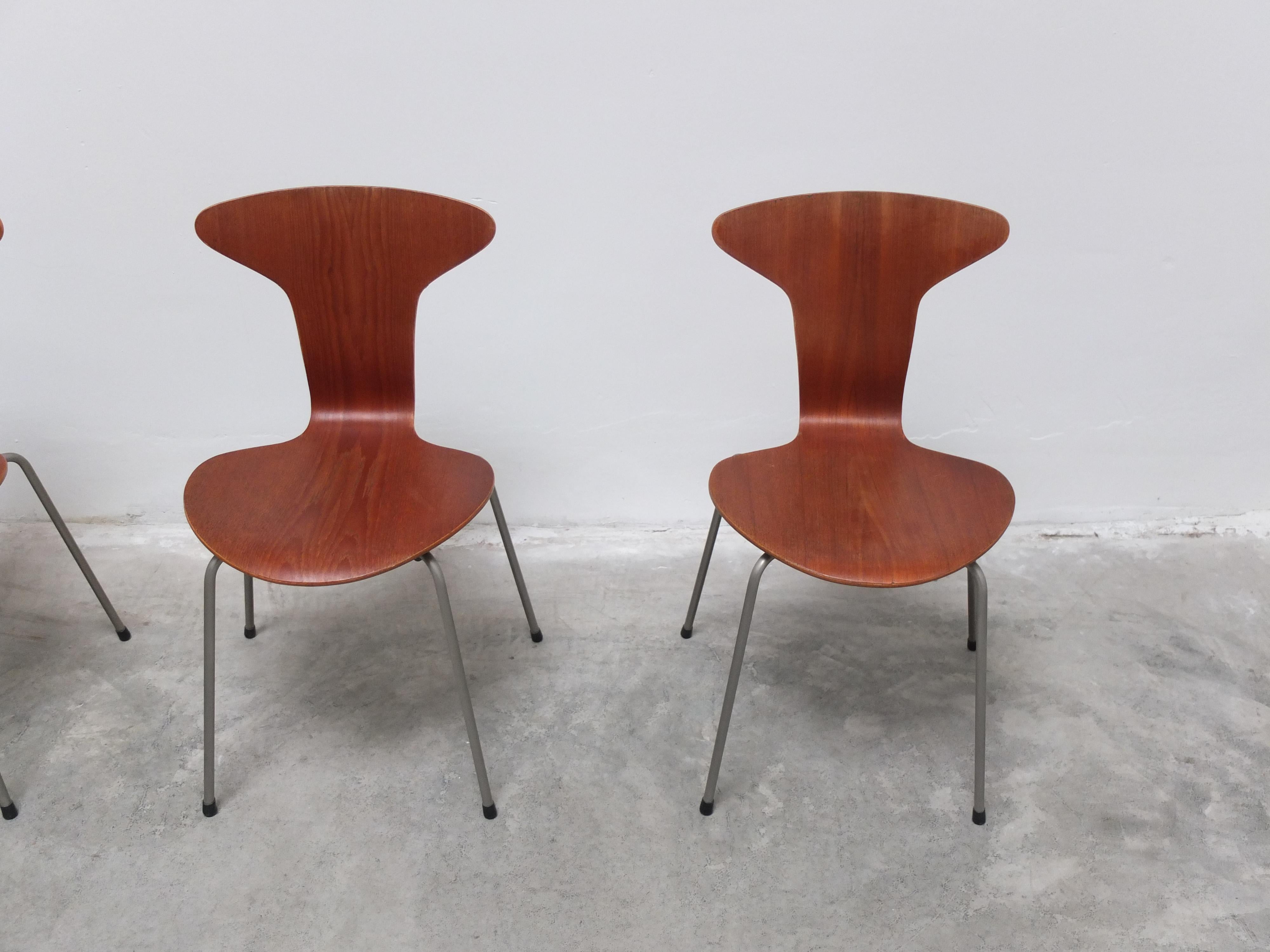 Satz von 4 „Mosquito“-Stühlen von Arne Jacobsen für Fritz Hansen, 1. Auflage, 1955 im Zustand „Gut“ im Angebot in Antwerpen, VAN