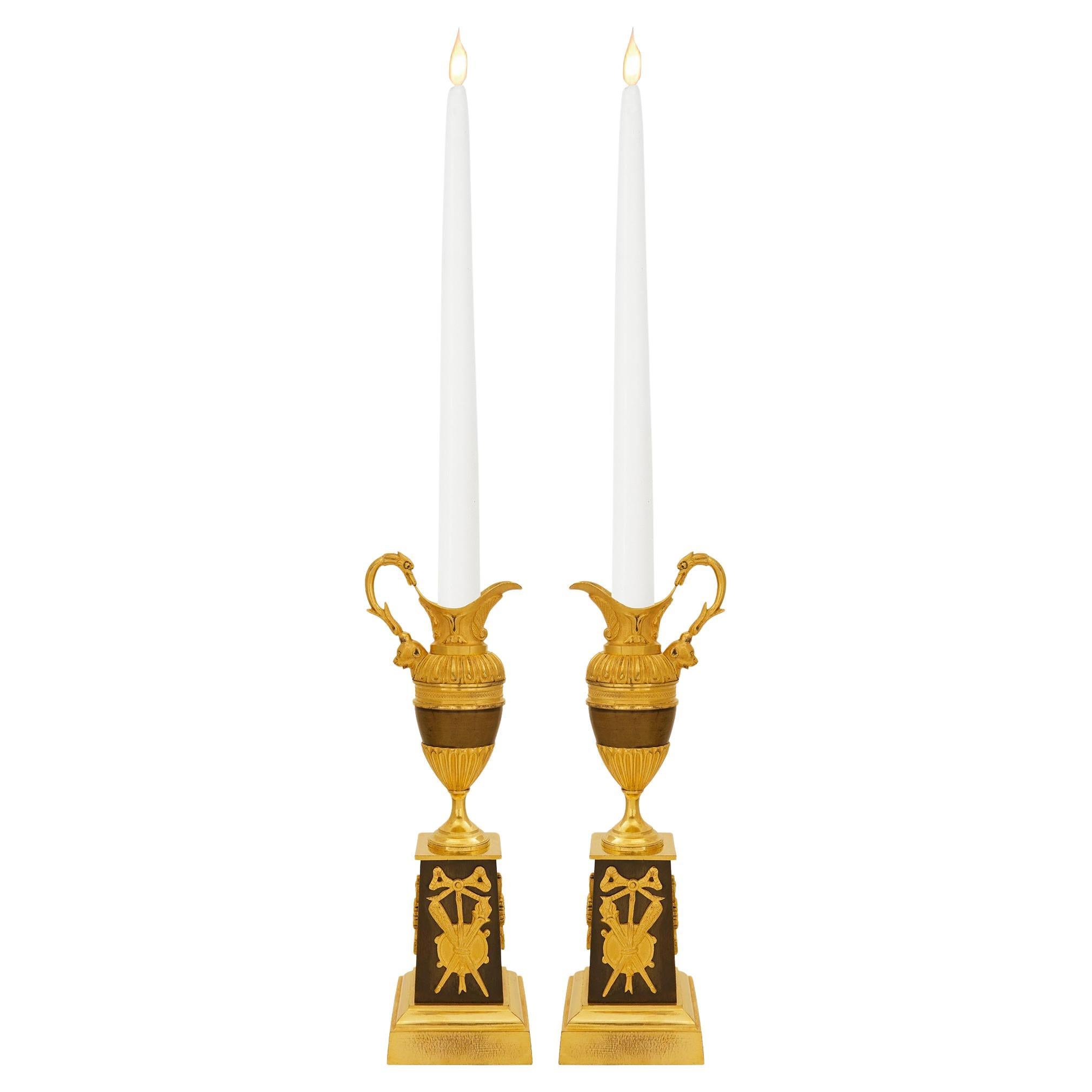 1st Empire Period patinated Bronze and Ormolu candlesticks, circa 1805 For Sale