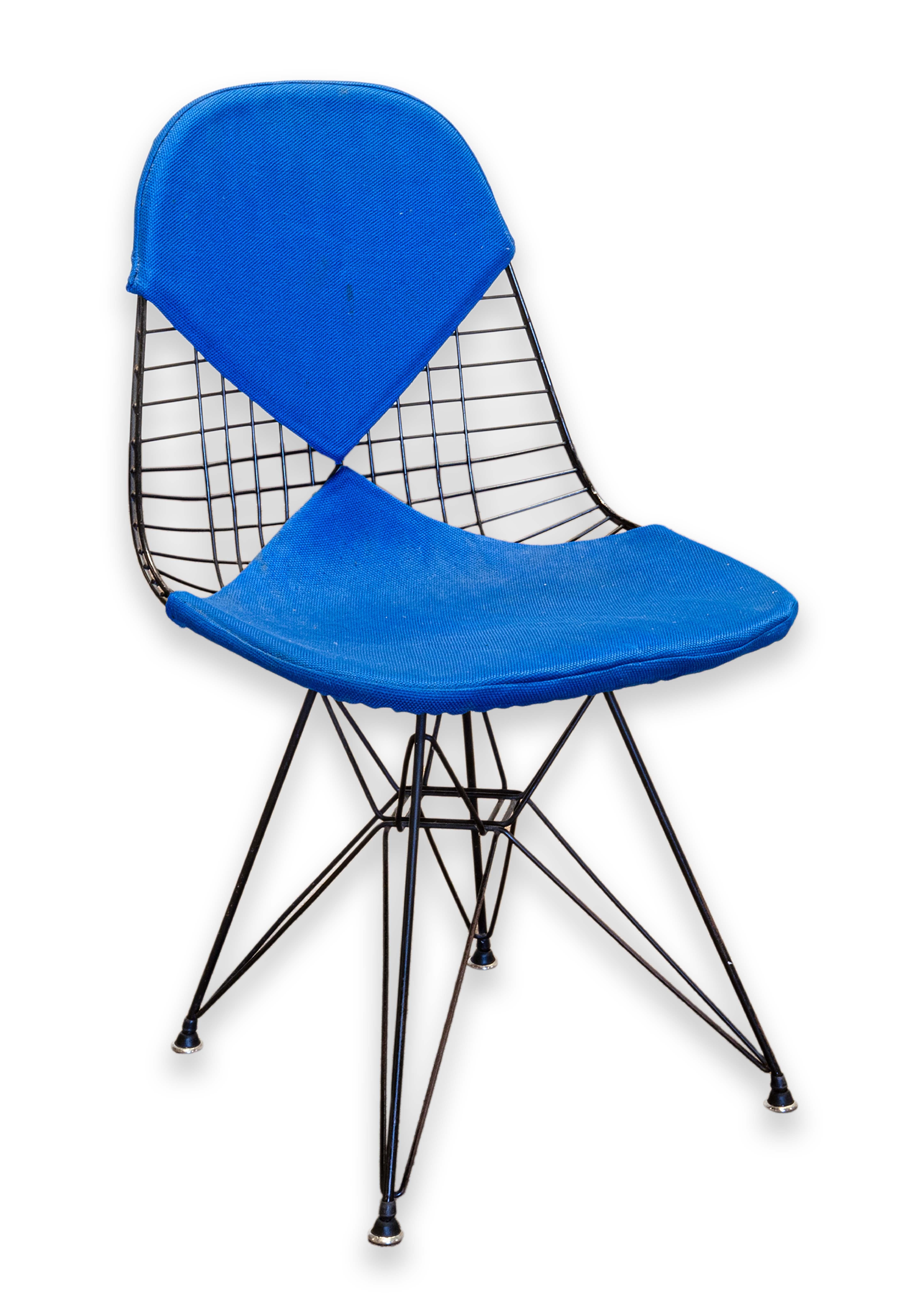 2ª Generación Eames para Herman Miller DKR-2 Silla Bikini Eiffel Wire Tela Azul 1951 Moderno de mediados de siglo