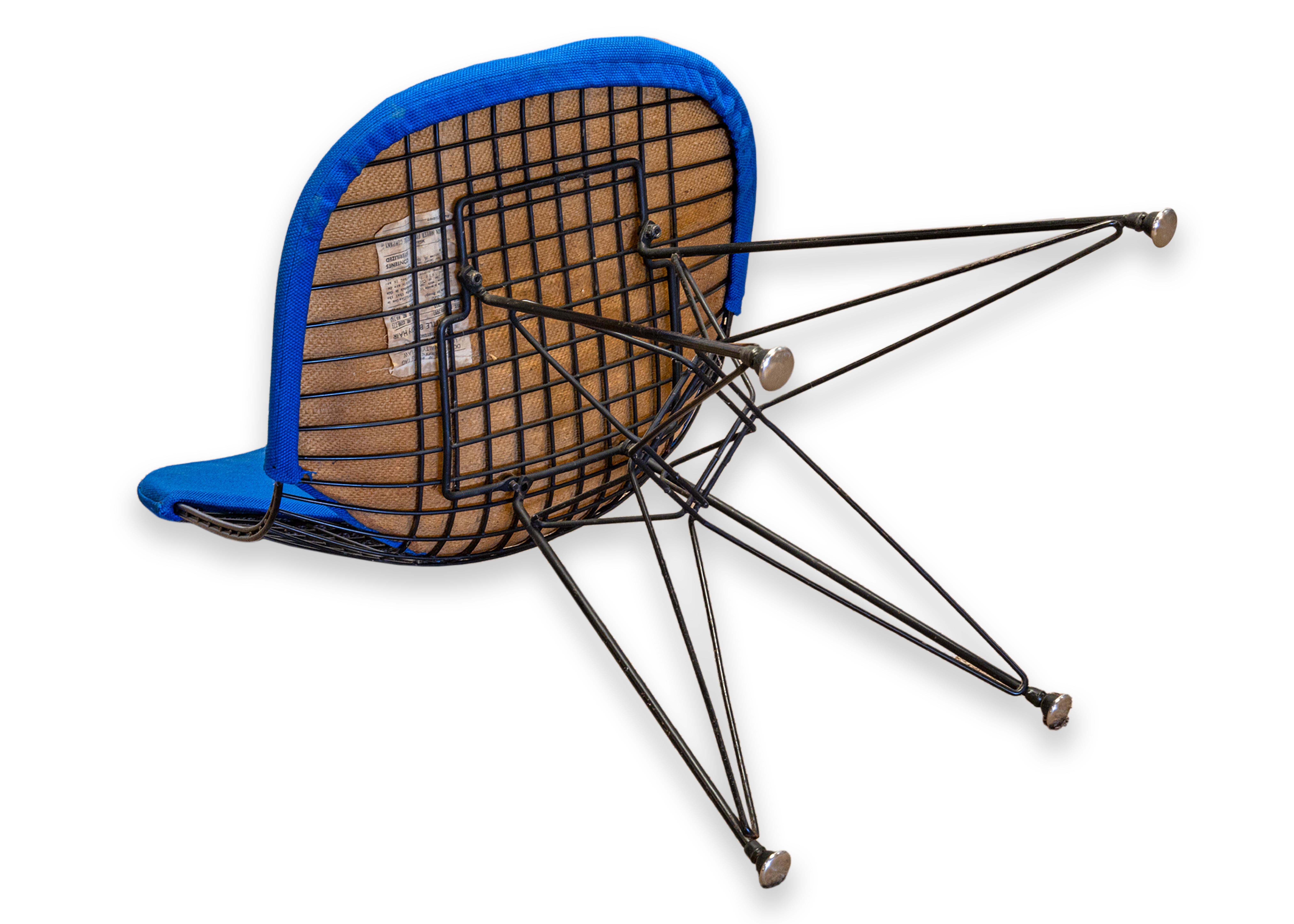 1st Gen Eames for Herman Miller DKR-2 Wire Eiffel Bikini Chair Blue Fabric 1951 For Sale 1
