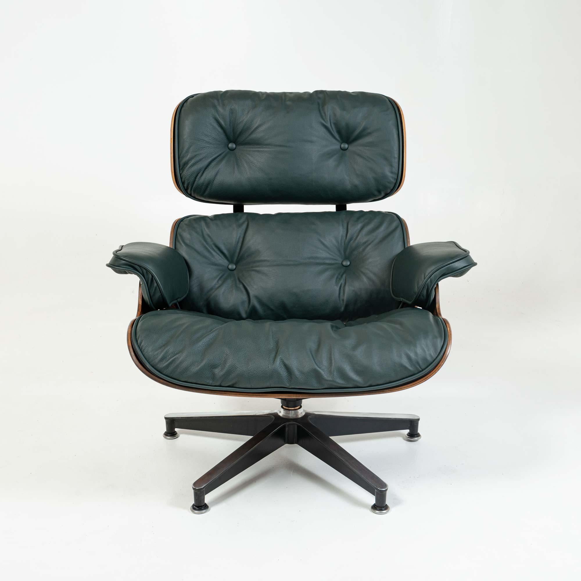 Mid-20th Century 1st Gen Eames Lounge Chair and Boot Glide Ottoman with Elmo Green Leather