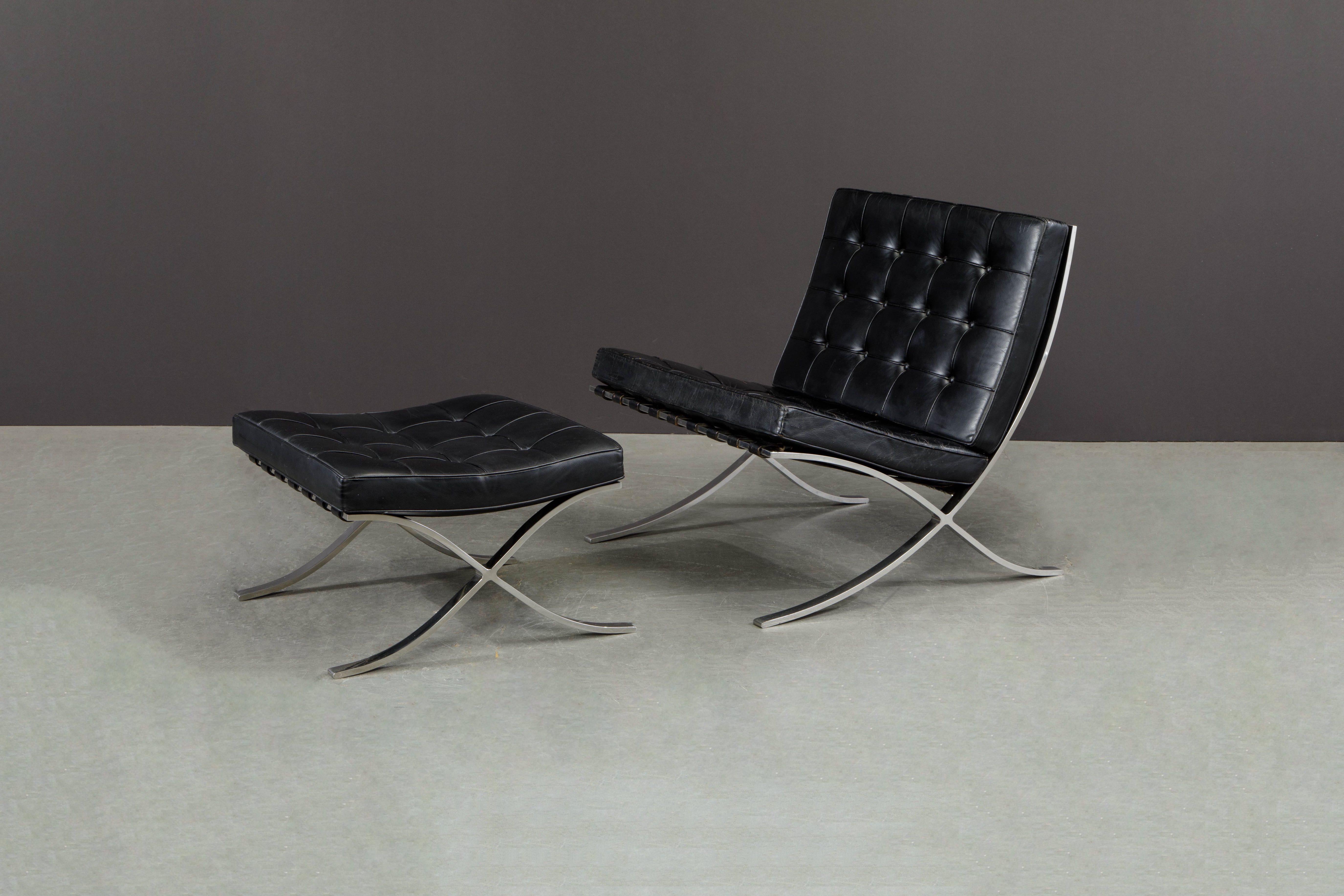Stainless Steel 1st-Generation Knoll Associates Barcelona Chair and Ottoman, c 1961, Signed