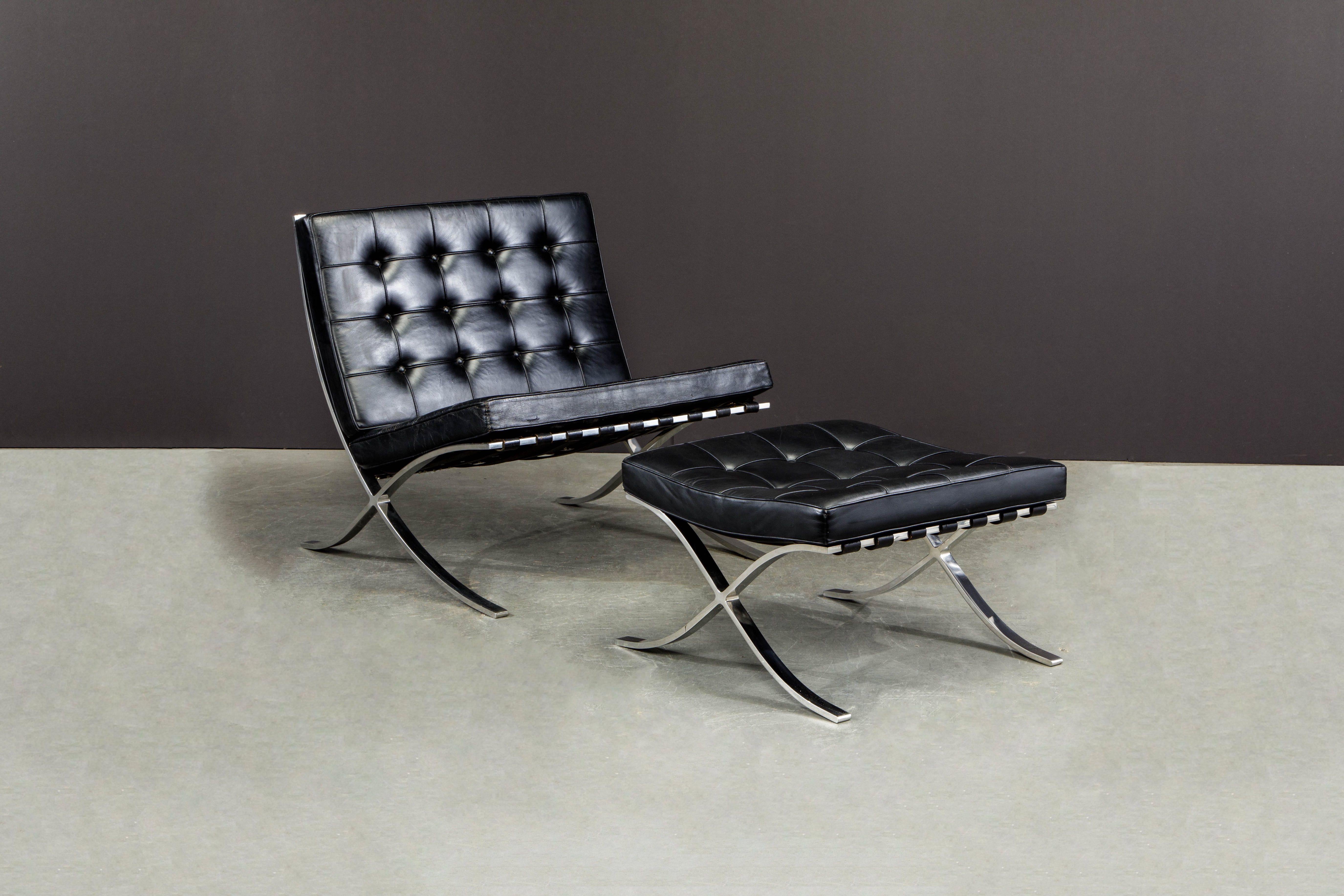 This listing is for a highly sought-after-by-collectors 'Original 1st Generation Production' set of Knoll Associates (signed) Barcelona chair and ottoman by Ludwig Mies van der Rohe, circa 1961, in original black leather and matching original