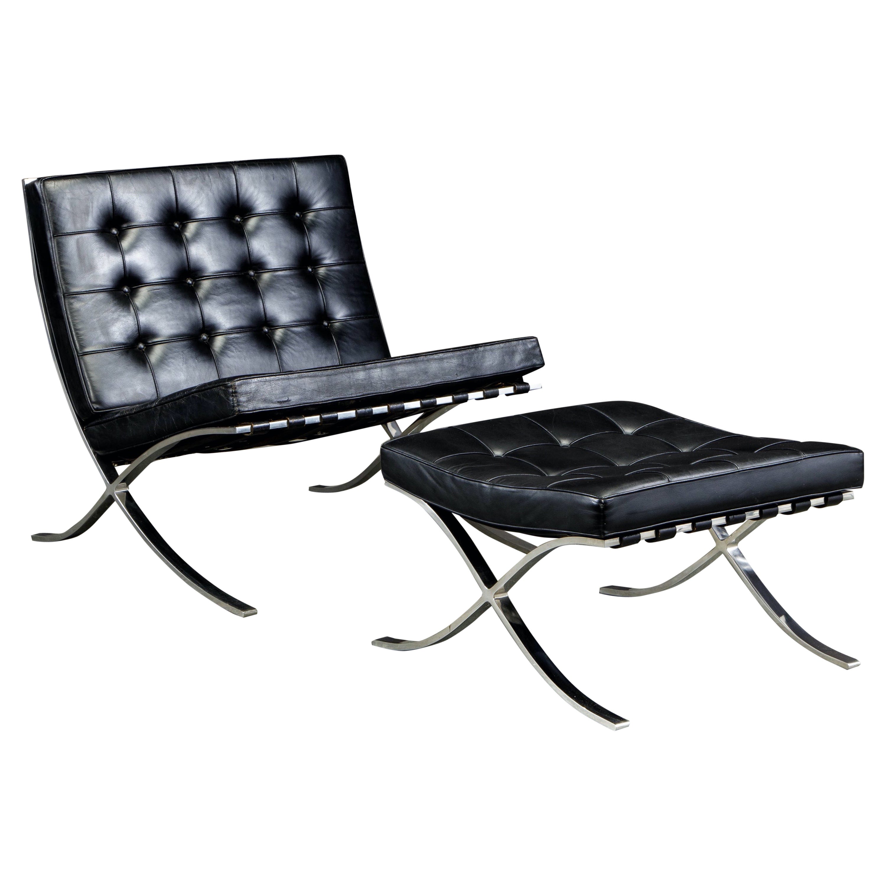 1st-Generation Knoll Associates Barcelona Chair and Ottoman, c 1961, Signed