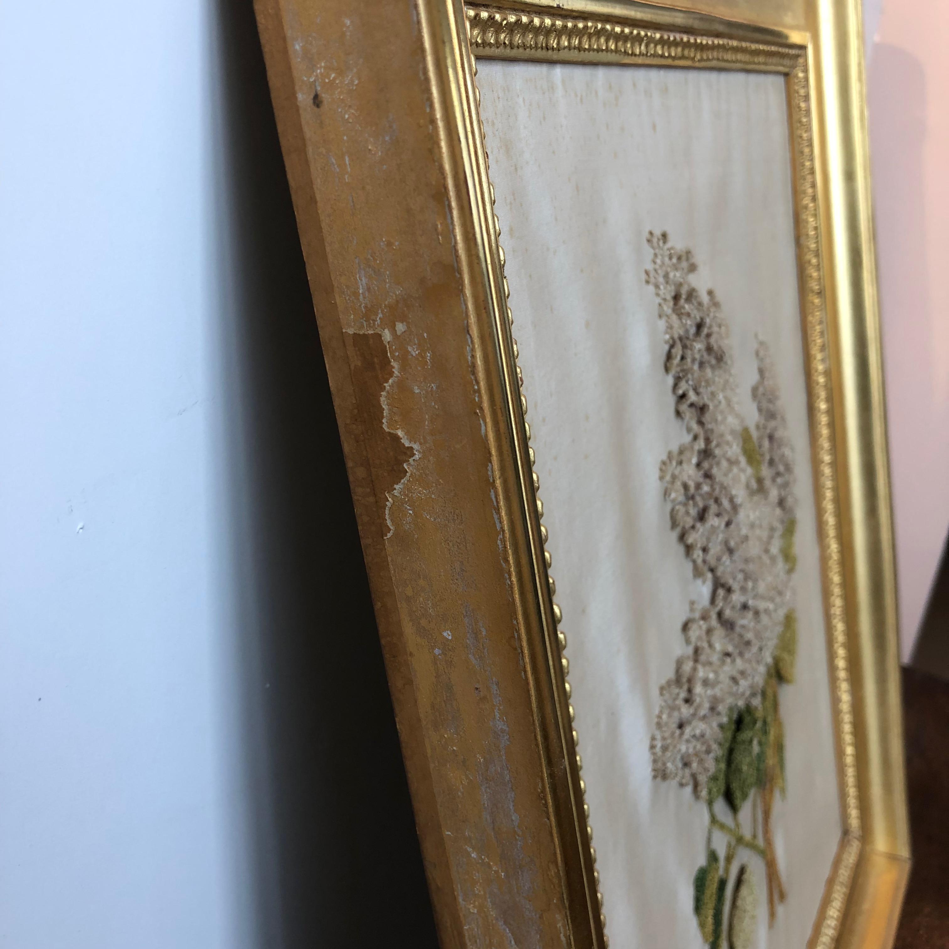 First Quarter of the 19th Century Lilac Silk Embroidery, England, Original Frame In Good Condition For Sale In Boston, MA