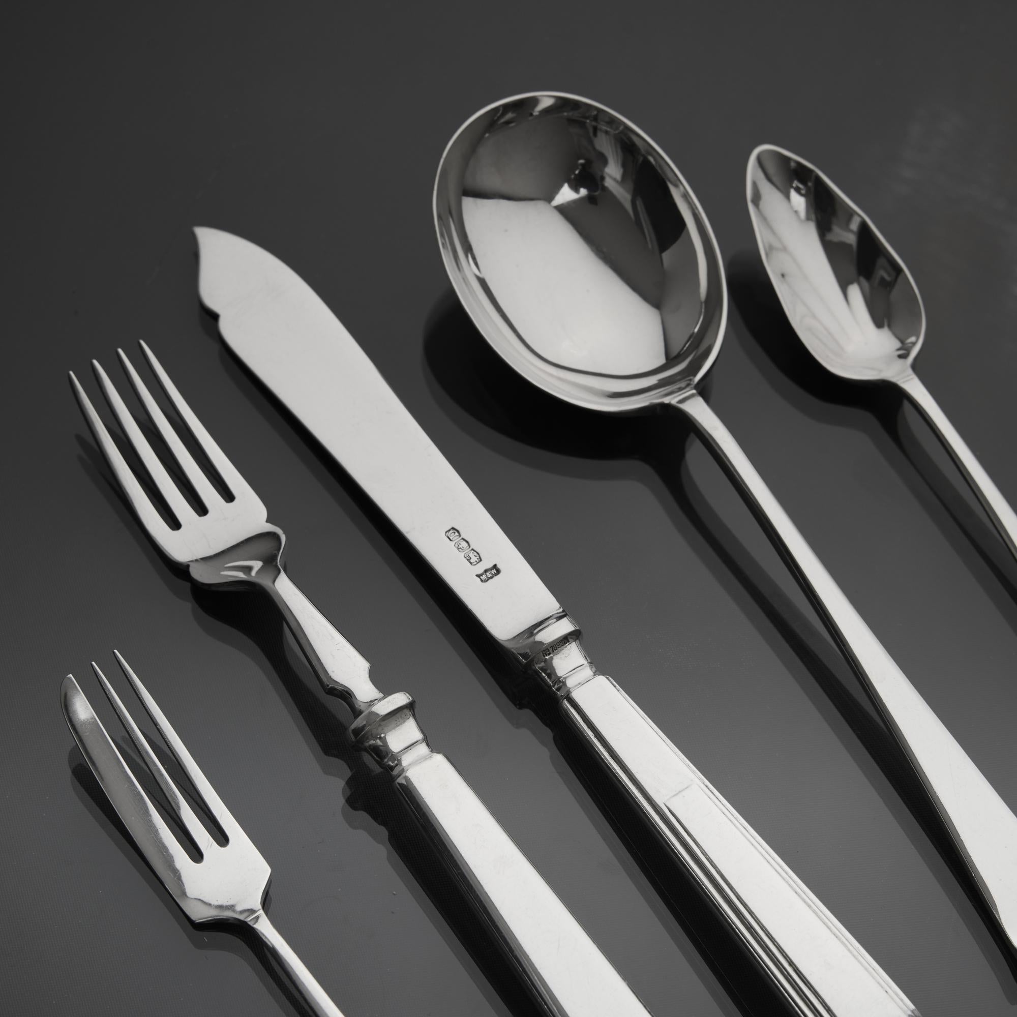 Sterling Silver Set of Art Deco style Tudor pattern silver cutlery for 12 For Sale