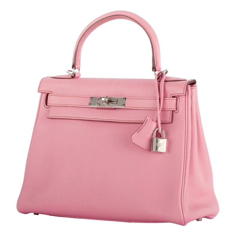 Hermes Kelly Handbag Pink Ostrich with Palladium Hardware 28 Pink