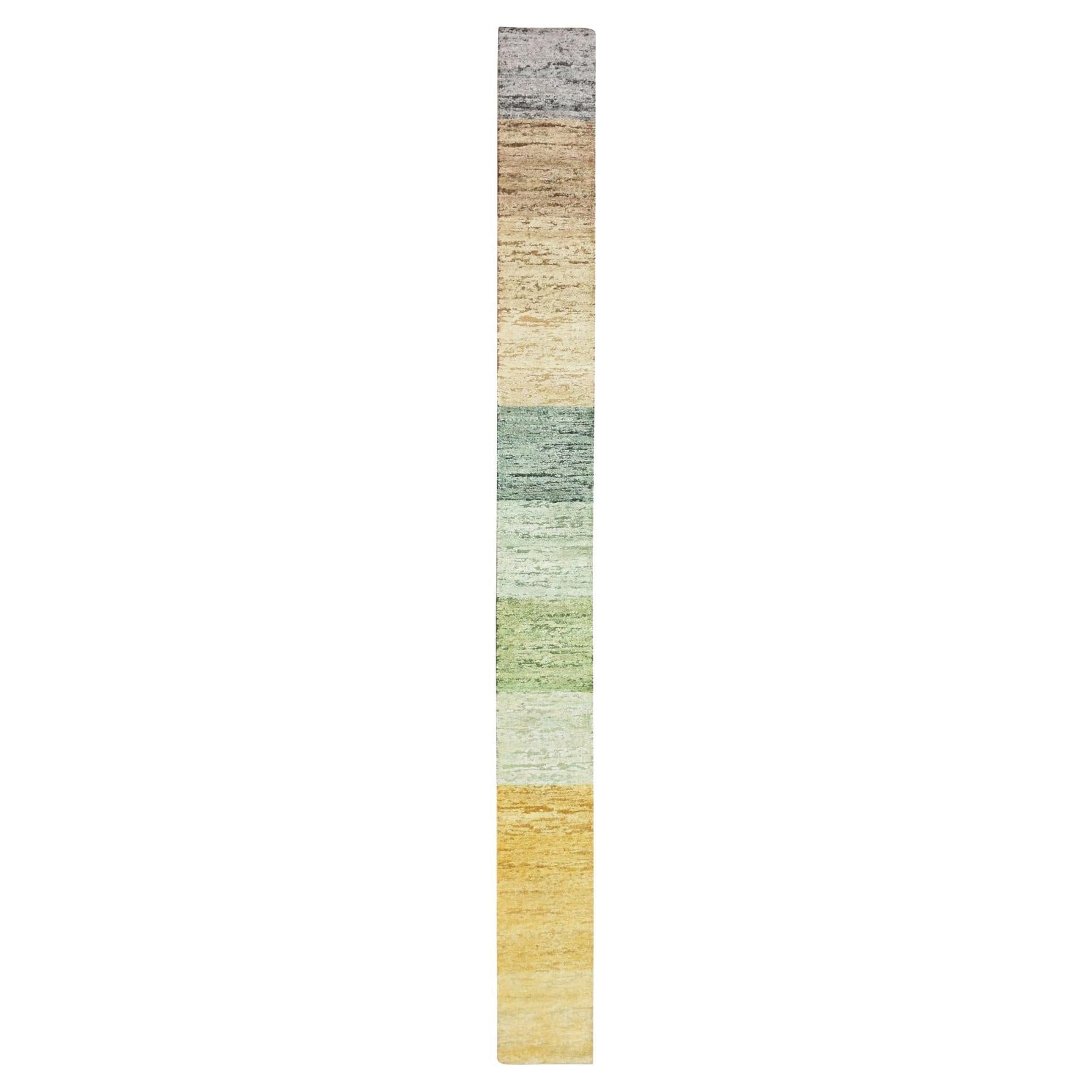 1'x11'2" Brown Colorful for Custom Orders Hand Knotted Wool & Silk Runner Rug For Sale