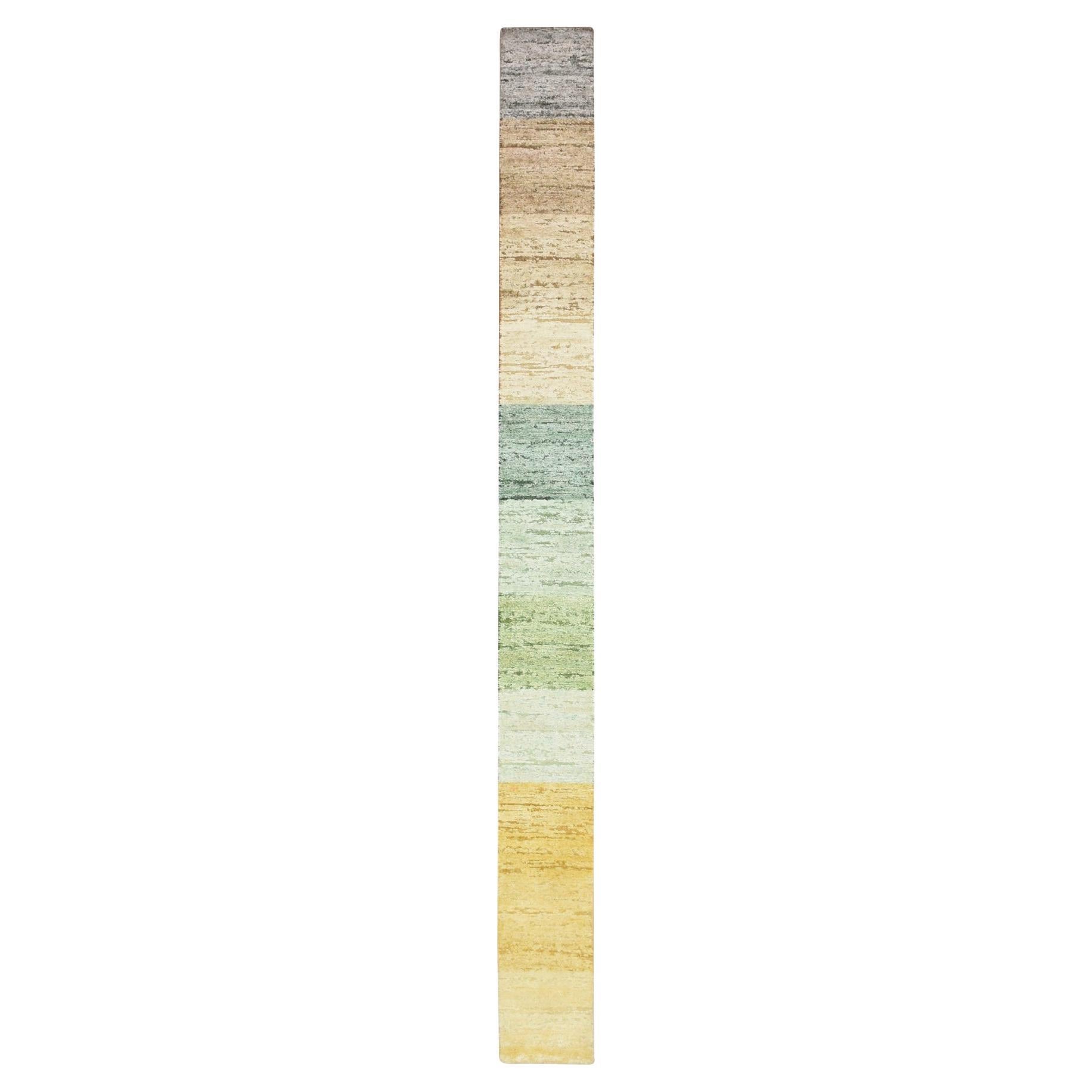 1'x11'2" Green Colorful for Custom Orders Hand Knotted Wool & Silk Runner Rug For Sale