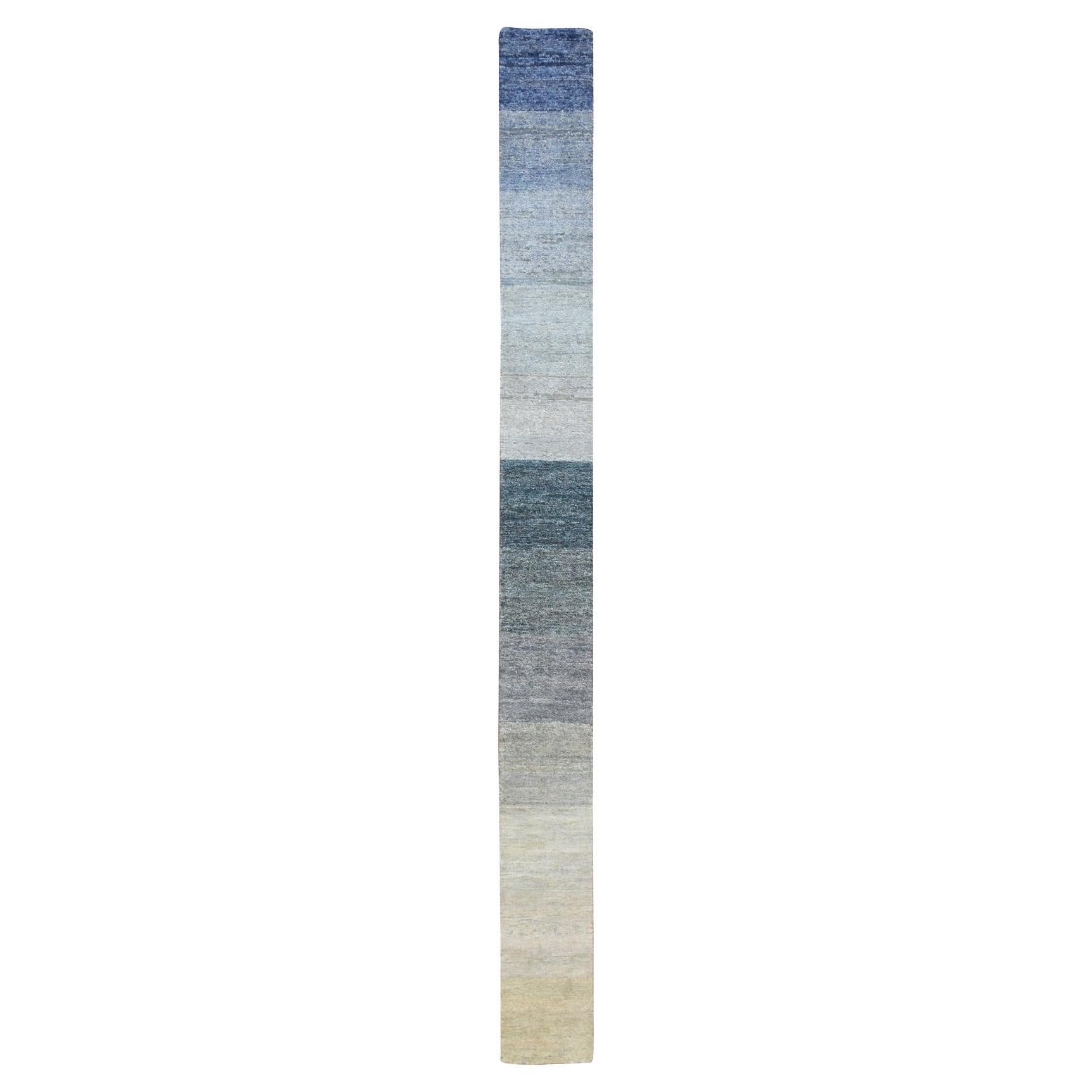 1'x12' Gray Chart Blanket Narrow Runner Hand Knotted Pure Silk with Wool Rug For Sale