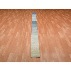 1'x12' Gray Hand Knotted Chart Blanket Narrow Runner Pure Silk with Wool Rug