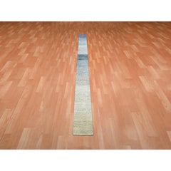 1'x12' Gray Hand Knotted Pure Silk with Oxidized Wool Chart Narrow Runner Rug