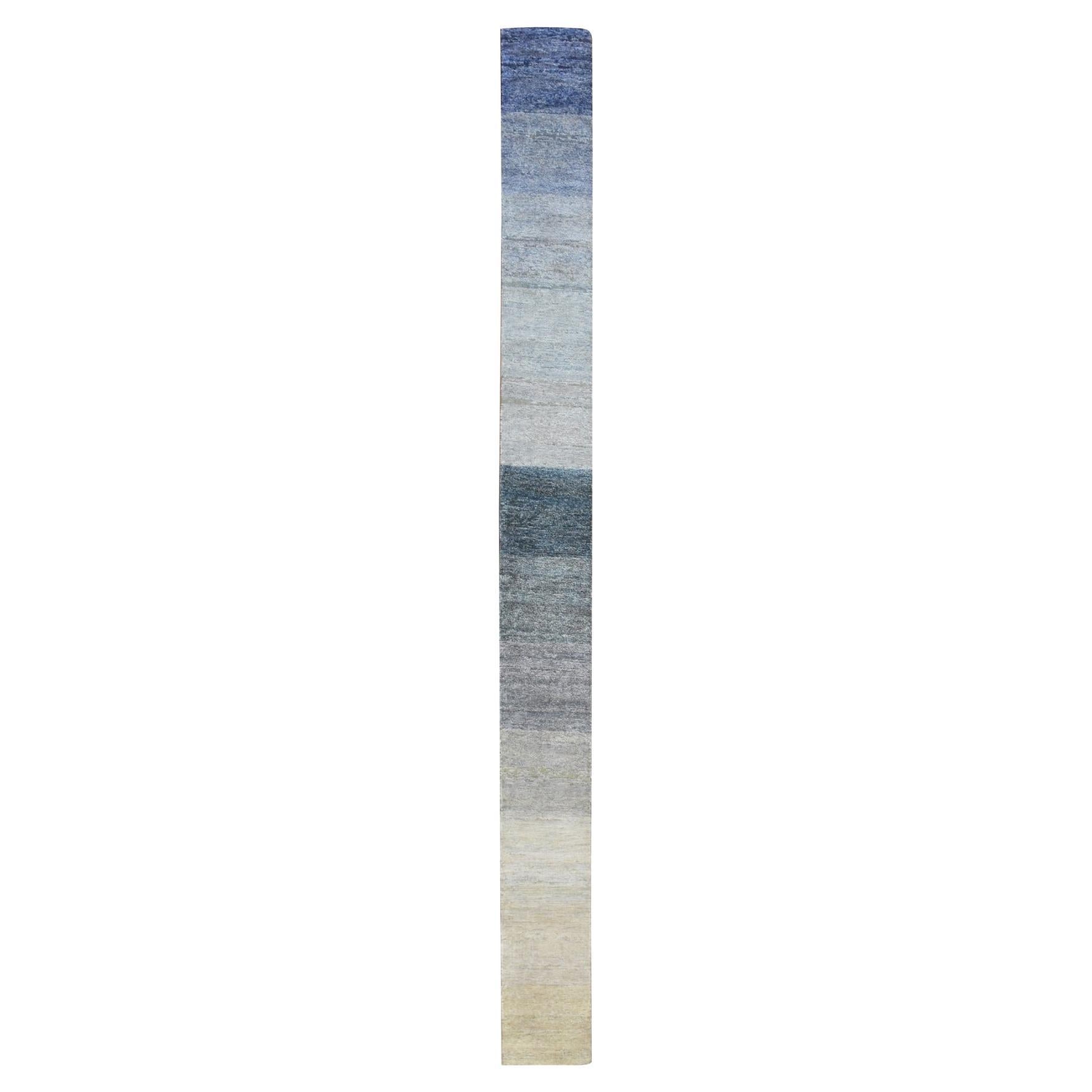 1'x12' Gray Hand Knotted Pure Silk with Oxidized Wool Chart Narrow Runner Rug