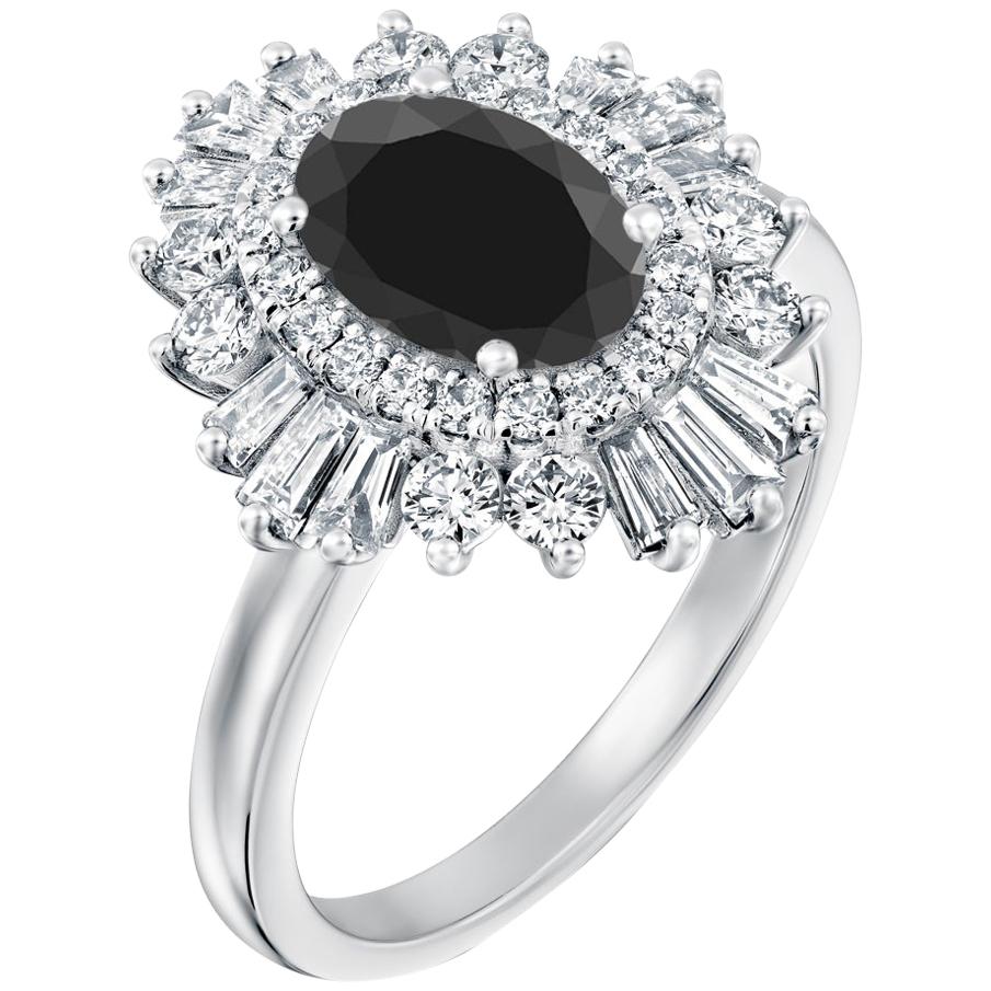 2 1/2 Carat 14 Karat White Gold Certified Oval Black Diamond Engagement Ring