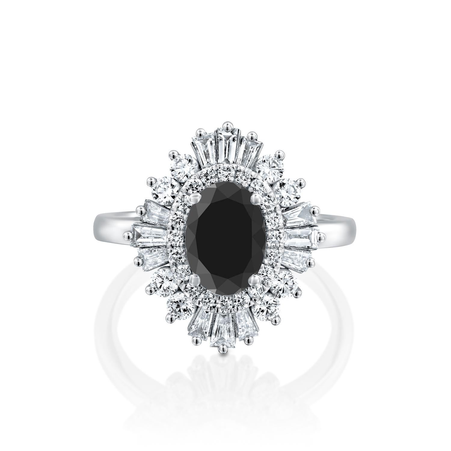 Beautiful solitaire with accents Victorian style diamond engagement ring. Center stone is natural, round shaped, AAA quality Black Diamond of 1.5 carat and it is surrounded by smaller natural diamonds approx. 1 total carat weight. The total carat