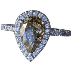 2 1/2 Carat 14K White Gold Ring, Chocolate Pear Diamond Ring, Champagne Diamond