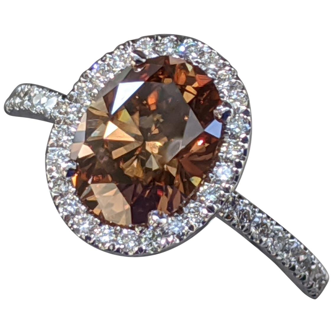 2 1/2 Carat Platinum GIA Oval Orangy Brown Diamond Engagement Ring
