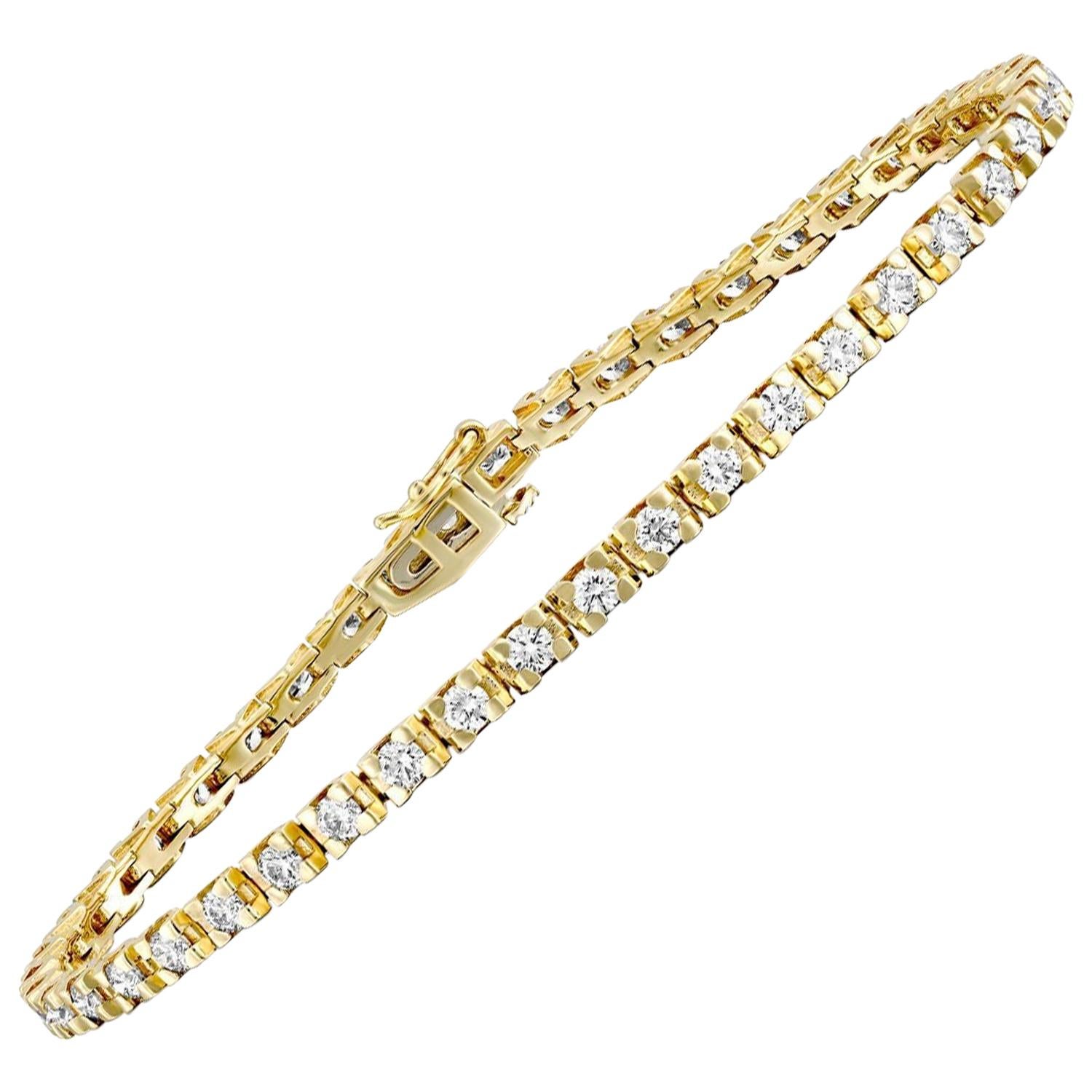 2 1/2 Carat Round Diamond Bracelet, 14 Karat Yellow Gold Diamond Tennis Bracelet