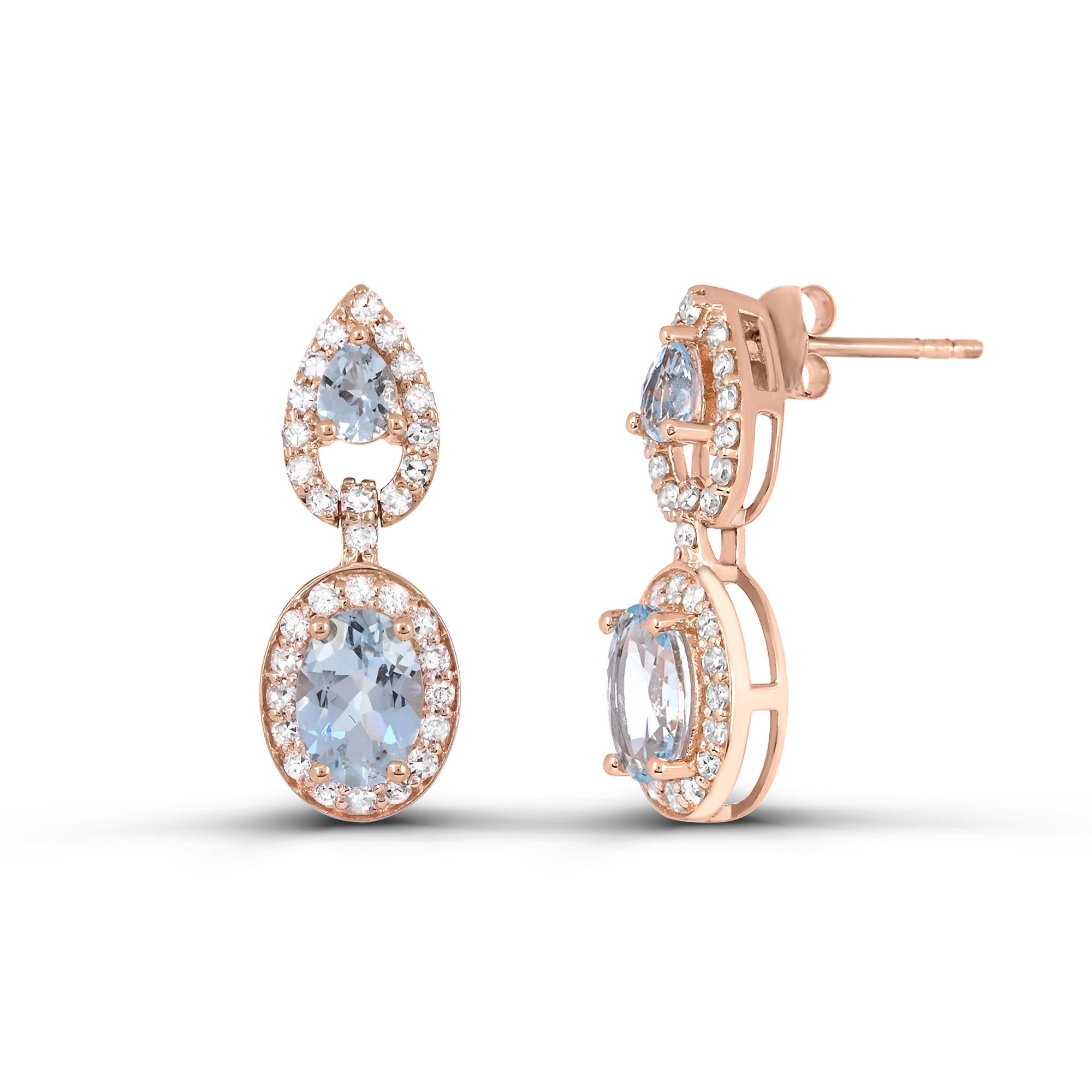 2-1/2 ct. Aquamarin- und Diamant-Akzent-Tropfen-Ohrringe aus 14K Roségold (Ovalschliff) im Angebot