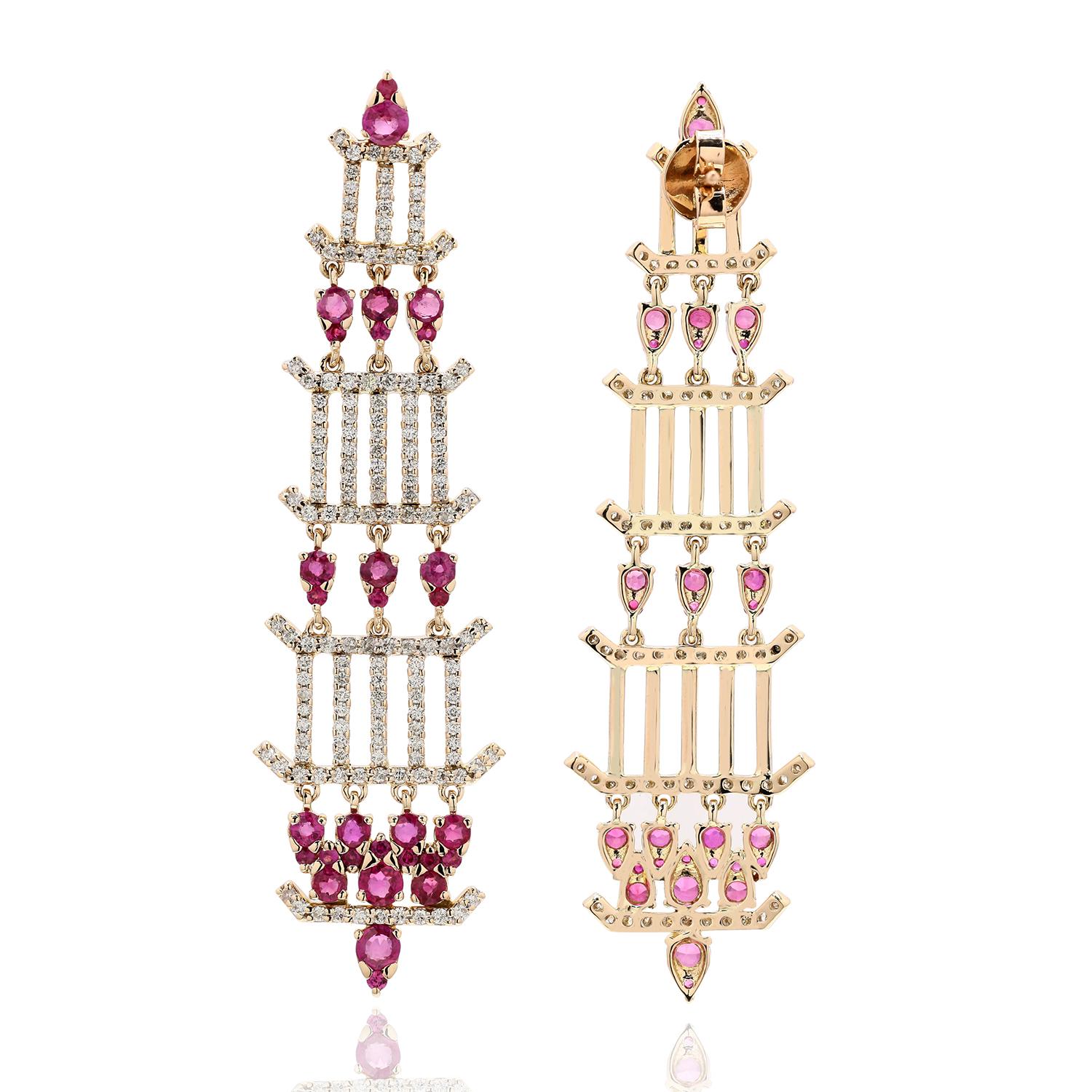 Mixed Cut Chandelier Ruby & Diamond Earrings Made in 18k Yellow Gold