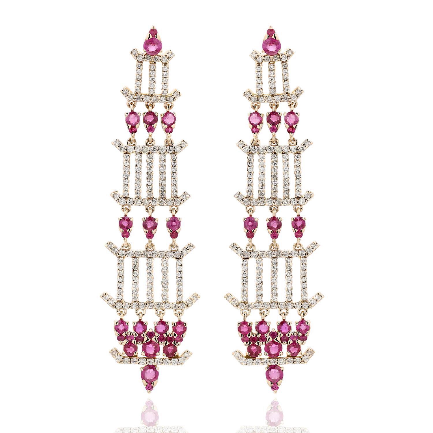 Chandelier Ruby & Diamond Earrings Made in 18k Yellow Gold In New Condition In New York, NY