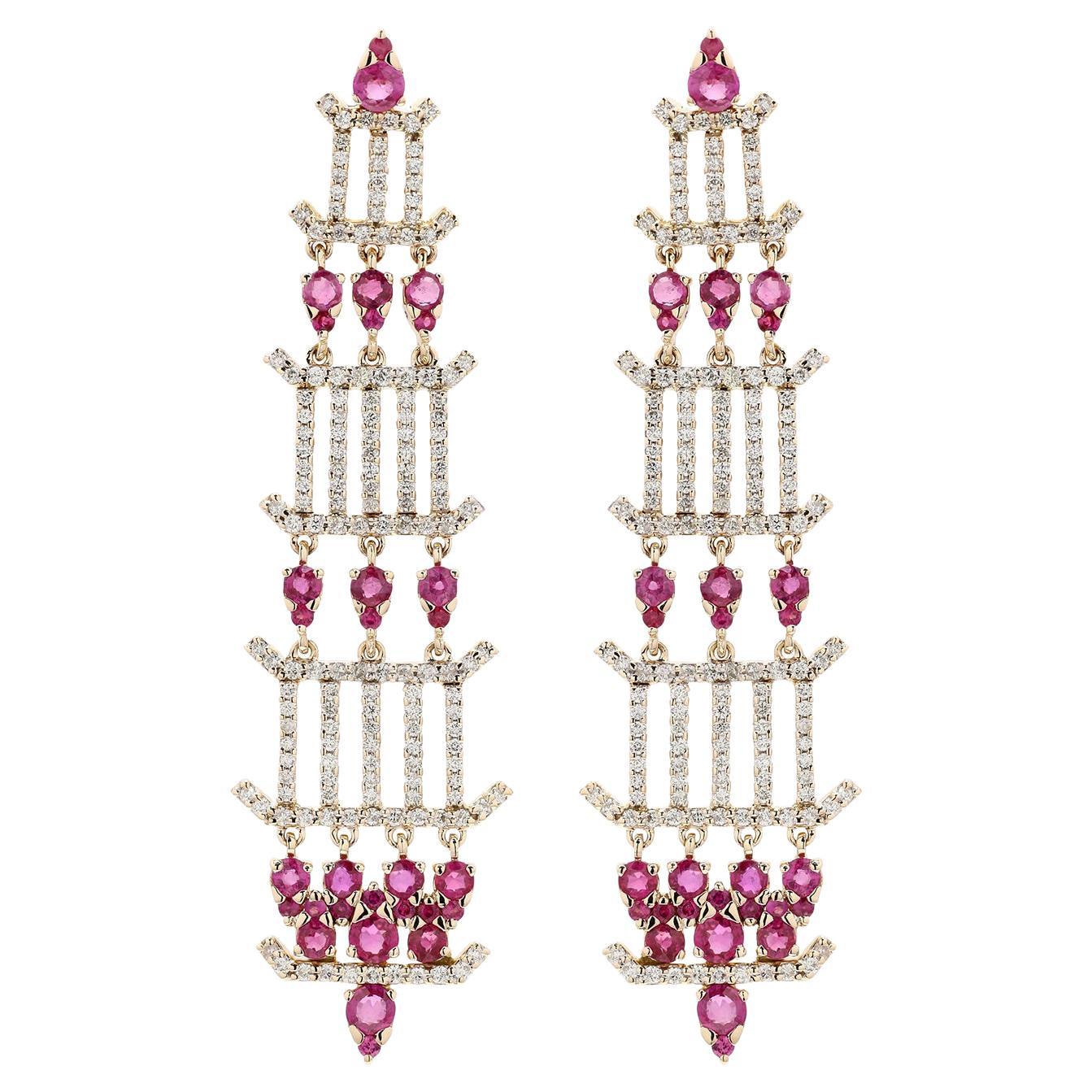 Chandelier Ruby & Diamond Earrings Made in 18k Yellow Gold