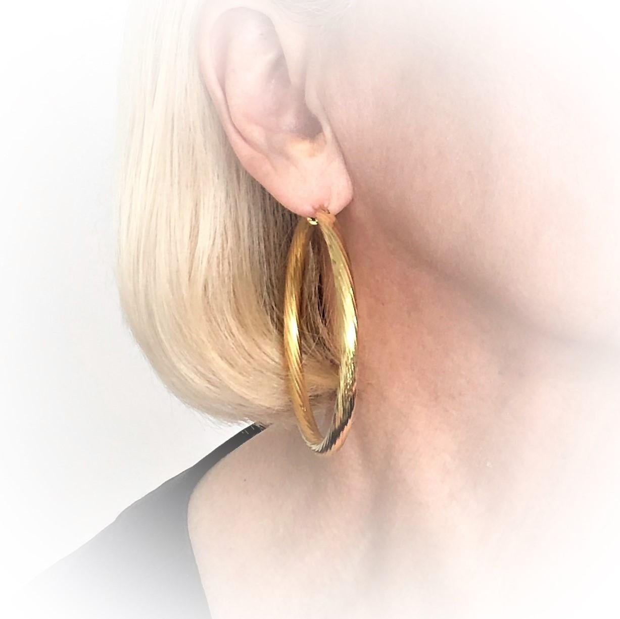 18 Karat Yellow Gold Italian Hoop Earrings 2 1/2 Inch Diameter 1