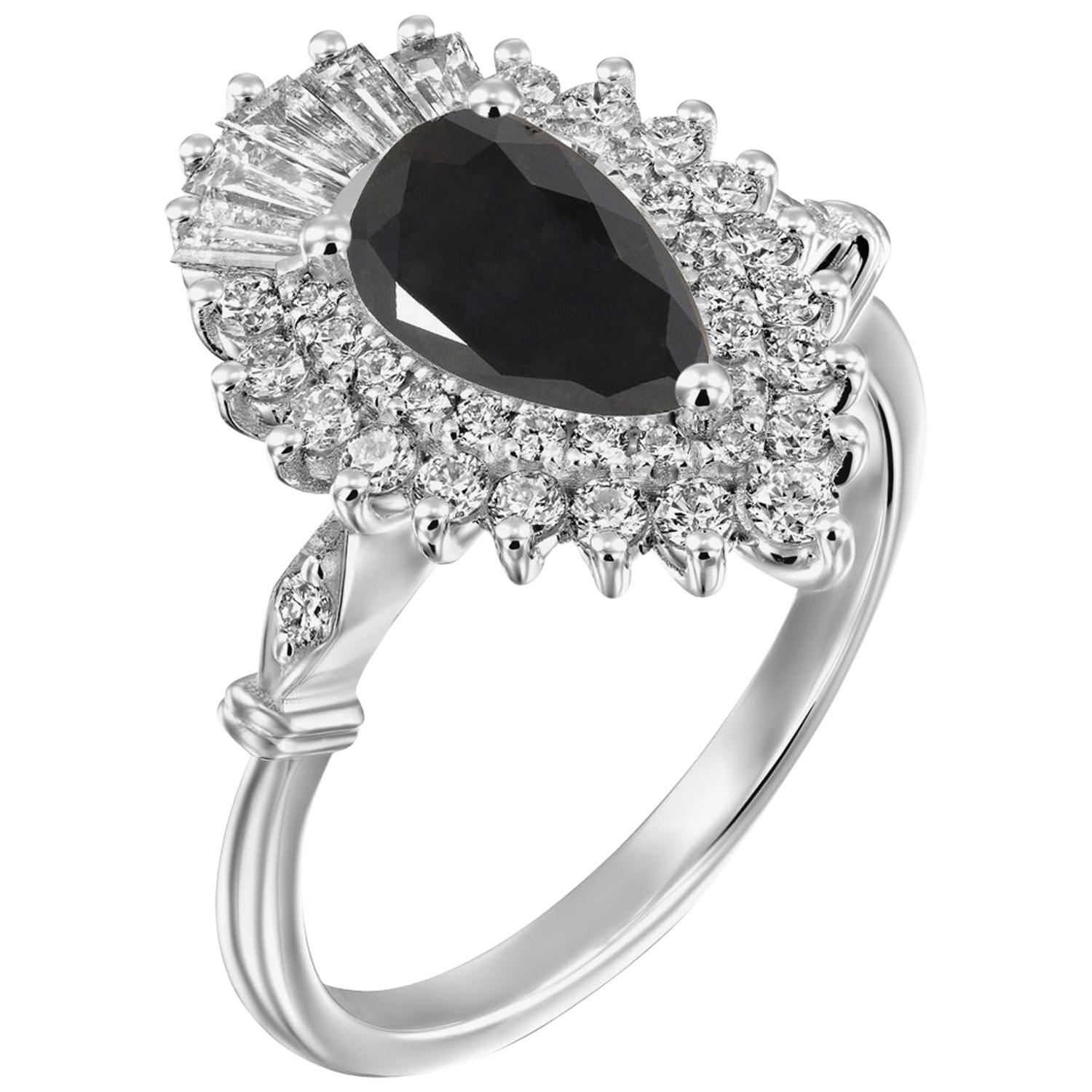 2 1/4 Carat 14 Karat White Gold Certified Pear Black Diamond Engagement Ring