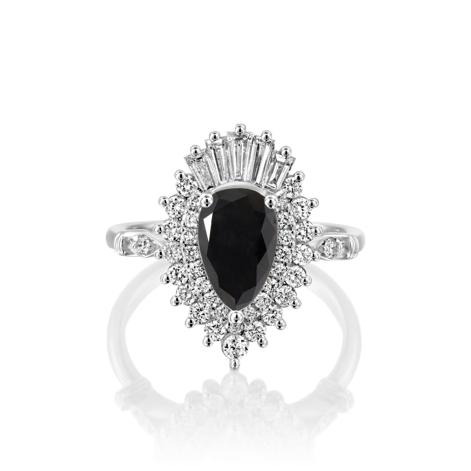 Beautiful solitaire with accents Victorian style diamond engagement ring. Center stone is natural, pear shaped, AAA quality Black Diamond of 1.5 carat and it is surrounded by smaller natural diamonds approx. 0.75 total carat weight. The total carat