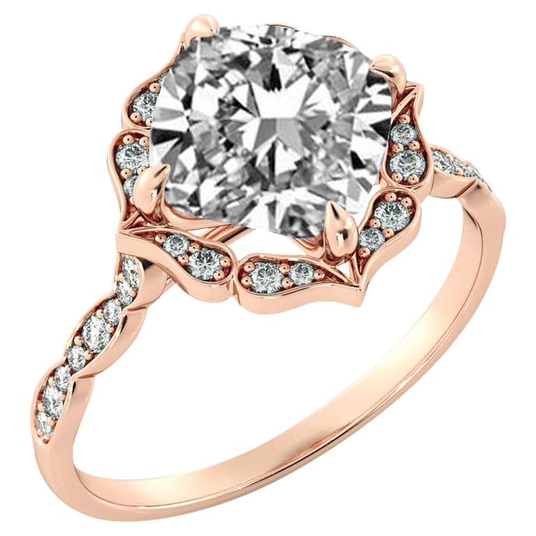 2 1/4 Carat GIA Cushion Halo Ring, 18 Karat Rose Gold Vintage Diamond Ring