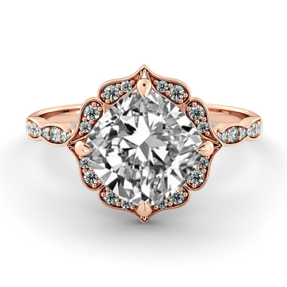 This gorgeous floral style ring features a solitaire GIA certified diamond. Center stone is 100% eye clean 2 carat natural cushion shaped diamond of F-G color and VS2-SI1 clarity and it is surrounded with 34 smaller natural diamonds of 0.25 total